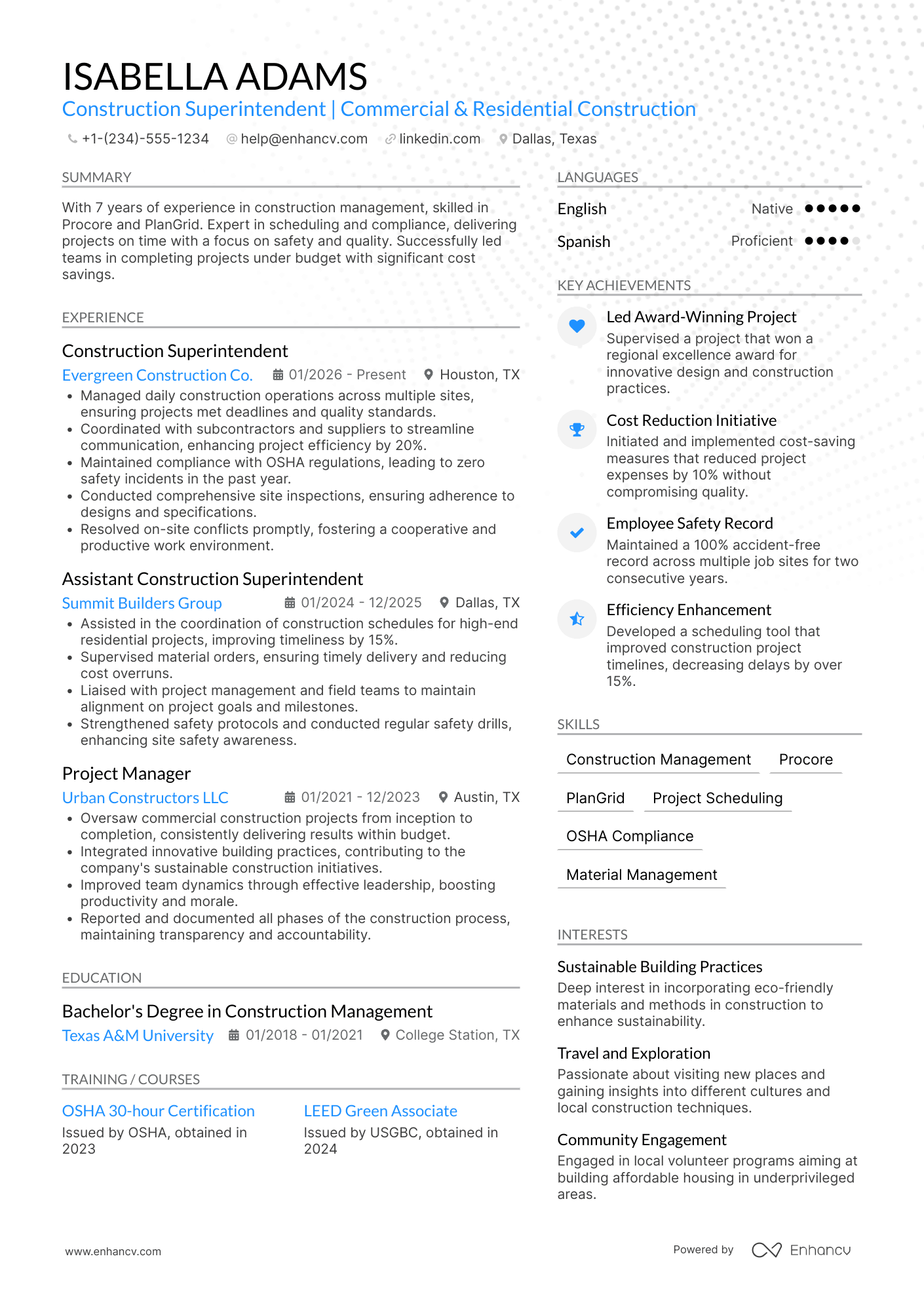 A resume example of a Traveling Construction Superintendent