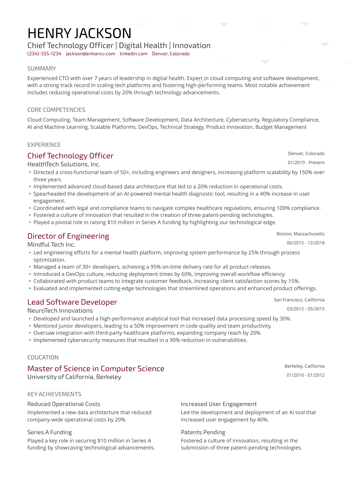 A resume example of a Chief Technology Officer   CTO