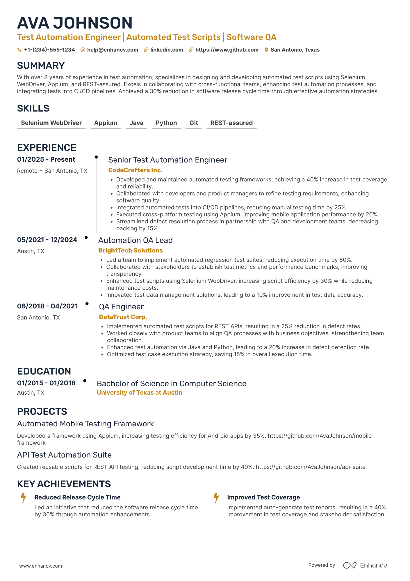 A resume example of a Test Automation Engineer