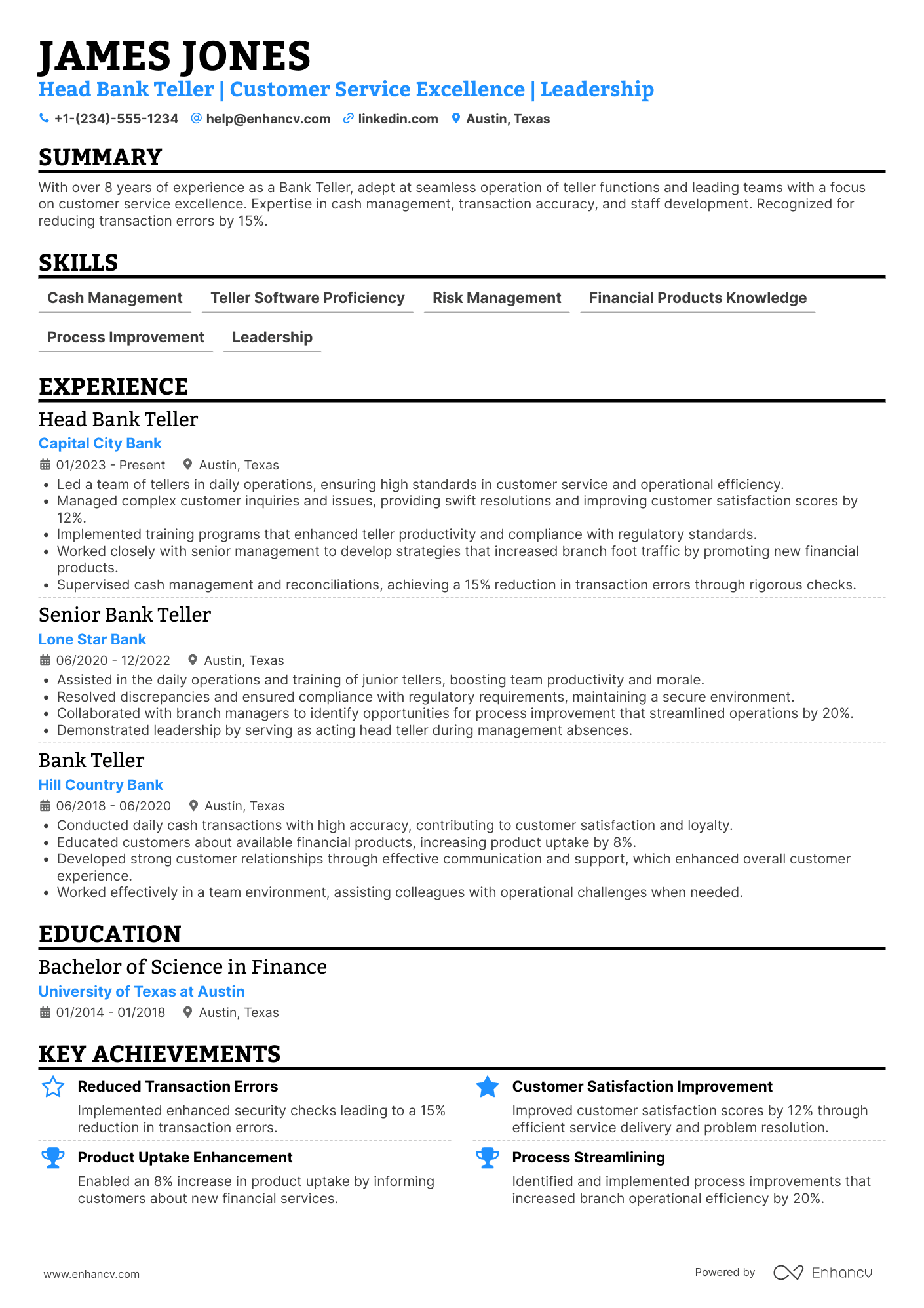 A resume example of a Head Bank Teller
