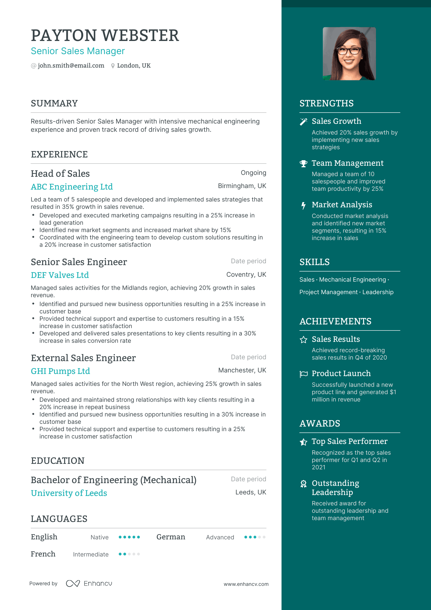 One Page Senior Sales Manager Resume Template
