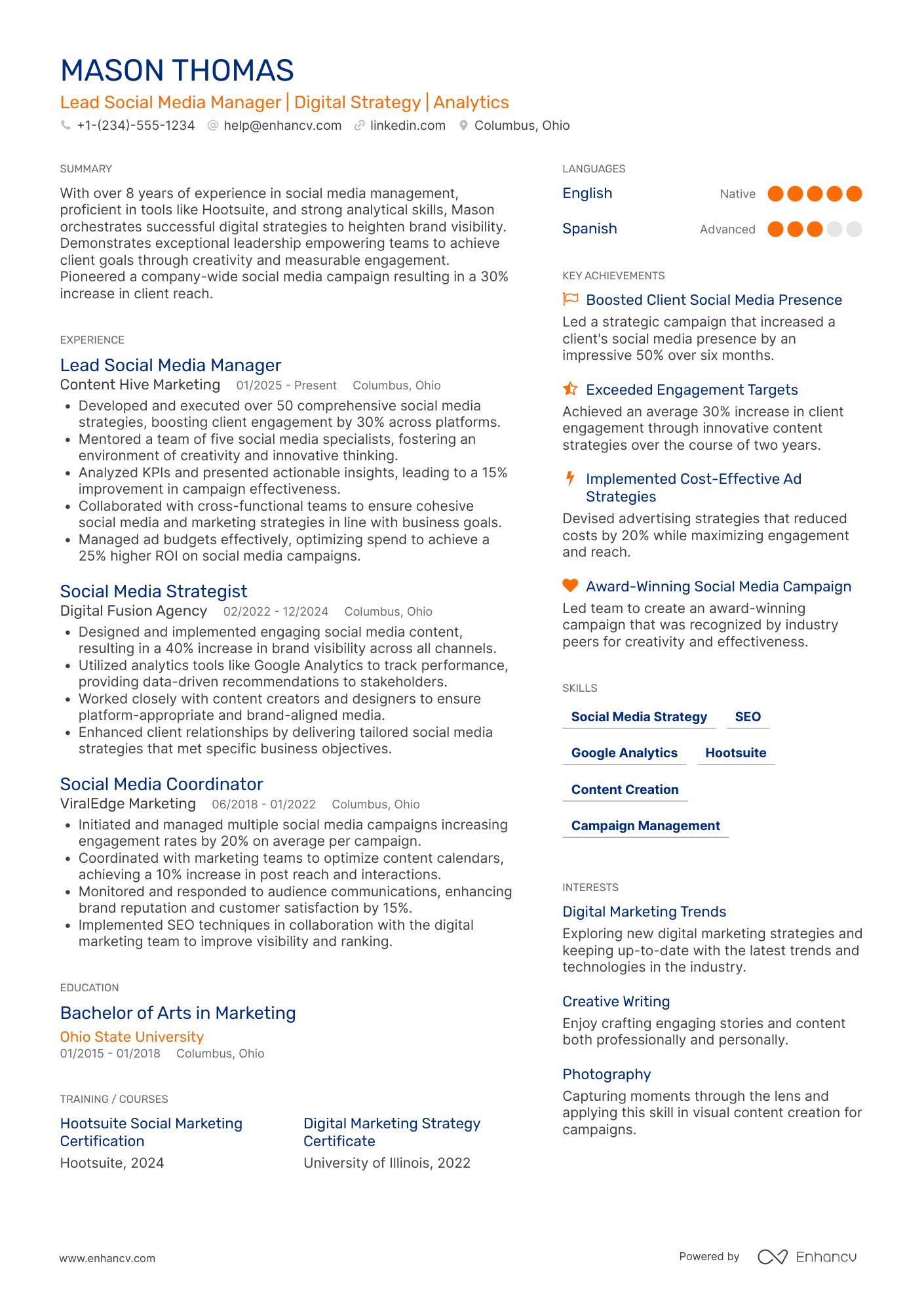 A resume example of a Lead Social Media Manager