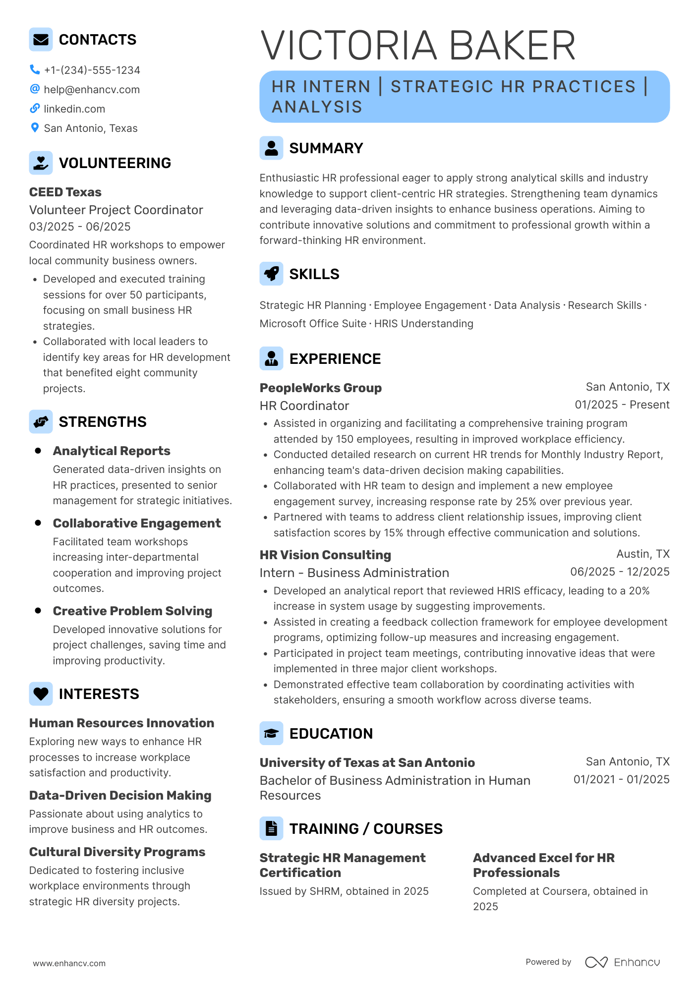 A resume example of a HR Business Partner Intern