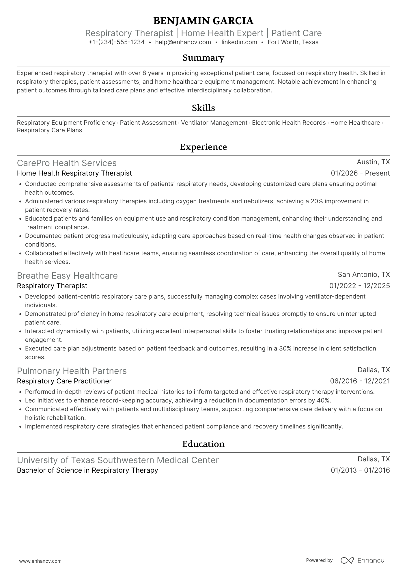A resume example of a Home Health Respiratory Therapist