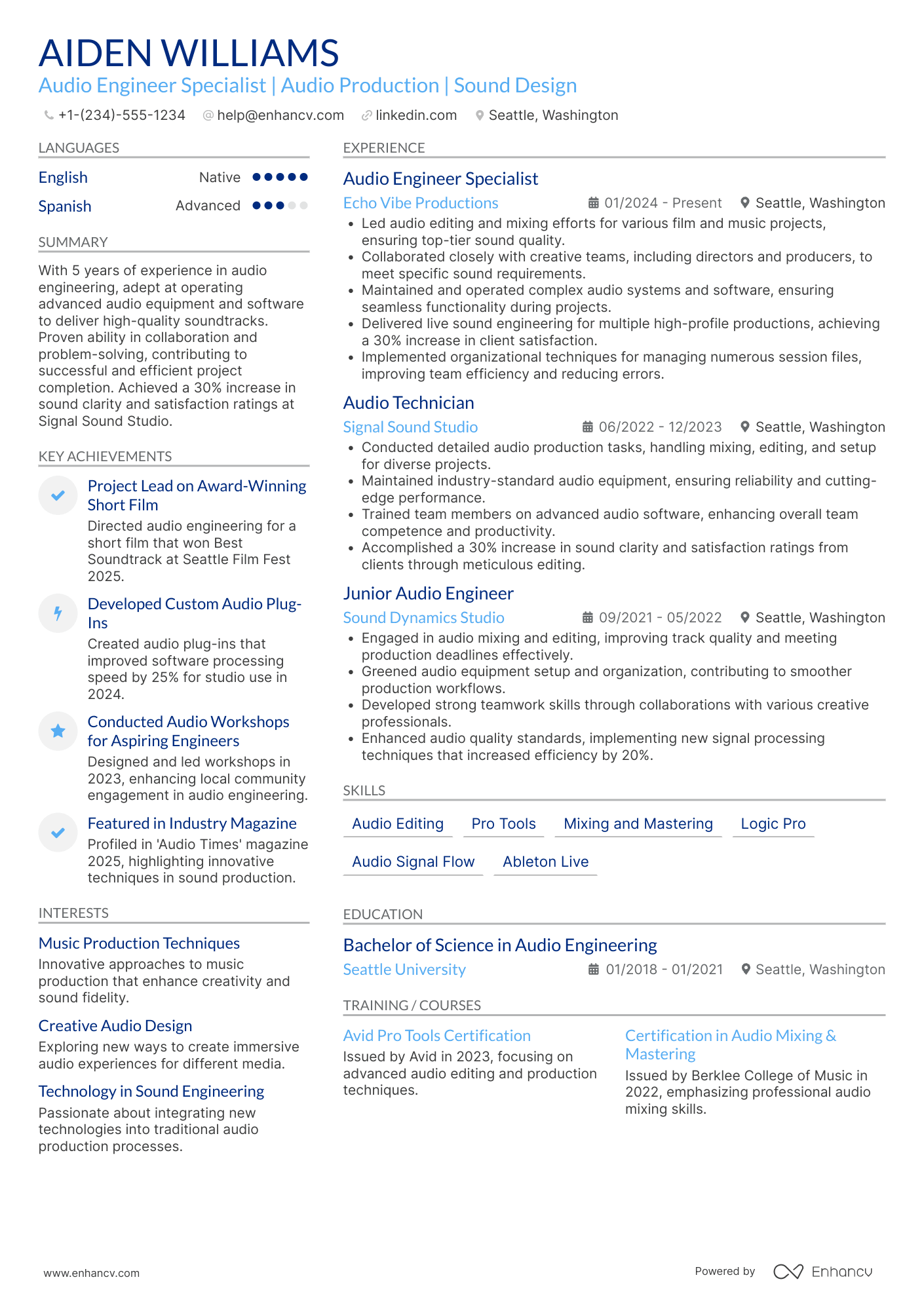 A resume example of a Audio Engineer Specialist