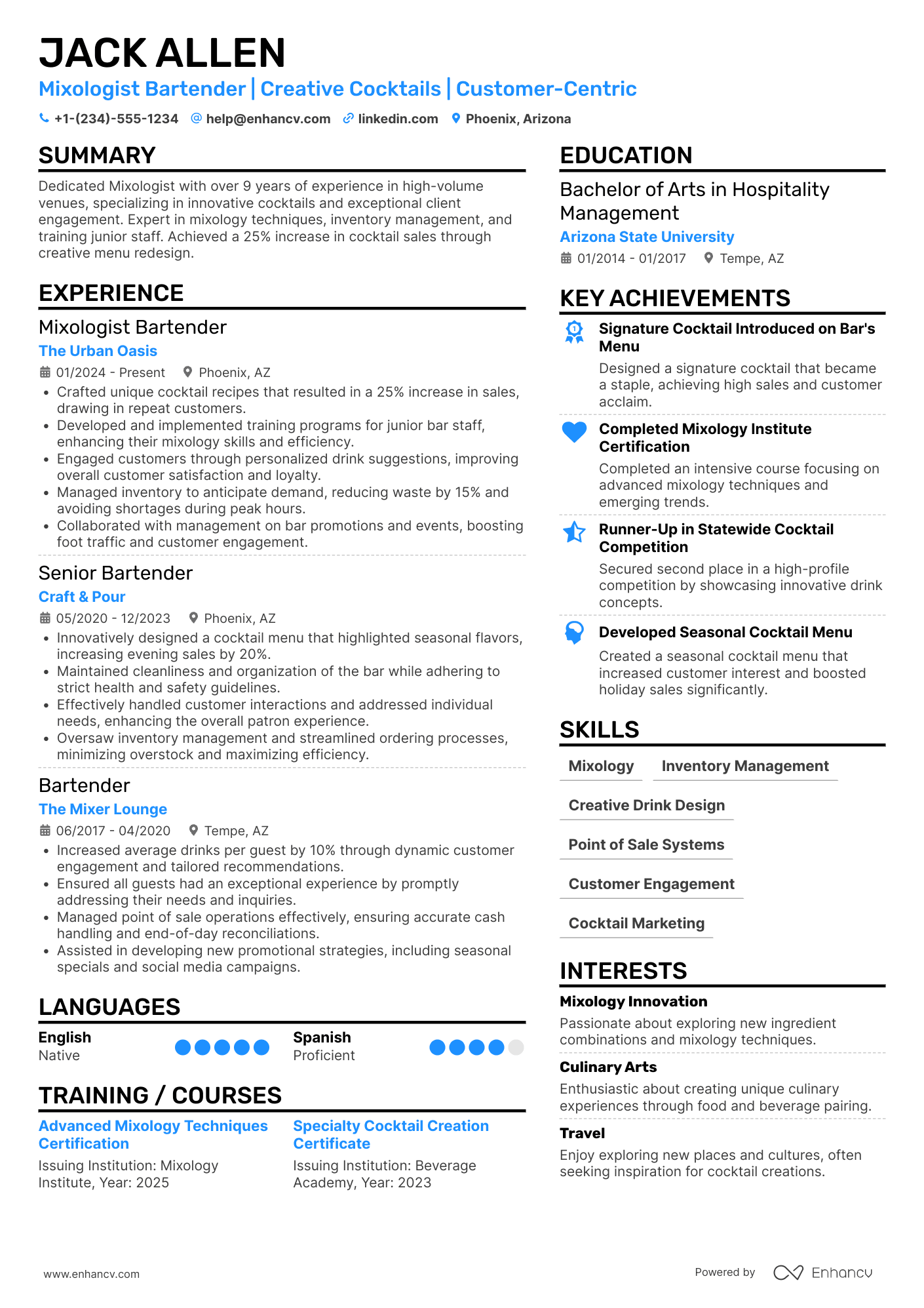 A resume example of a Mixologist Bartender