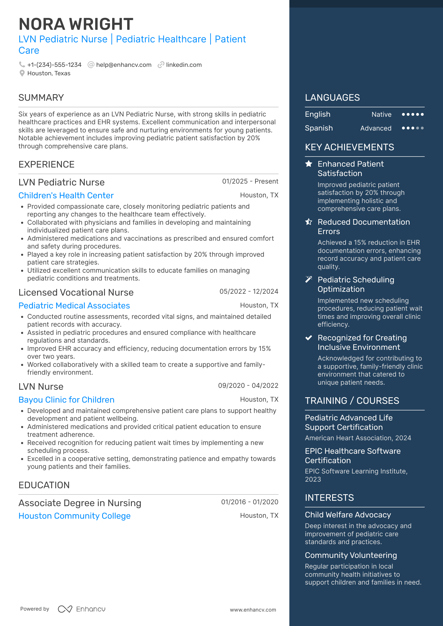 A resume example of a LVN Pediatric Nurse