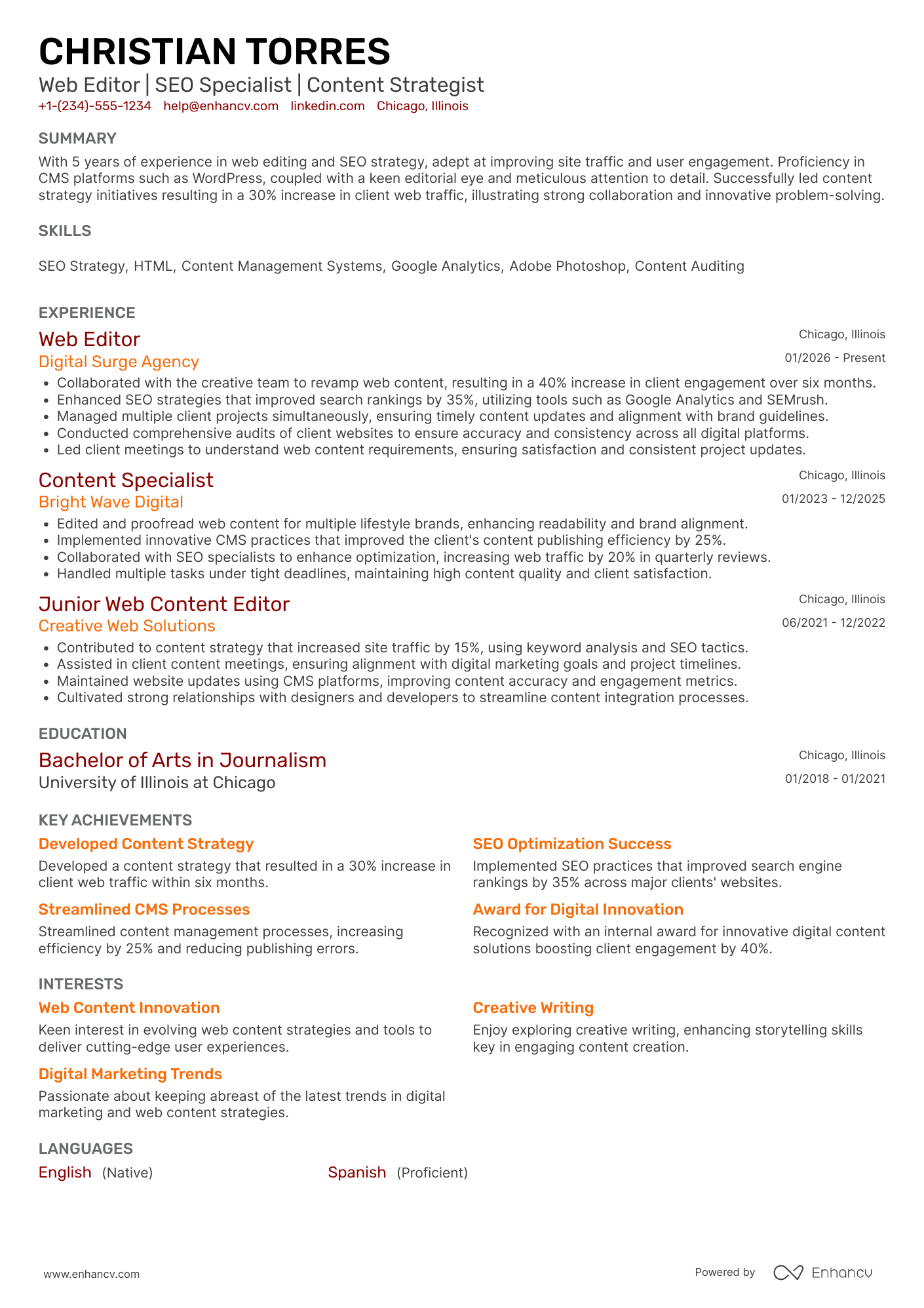 A resume example of a Web Editor