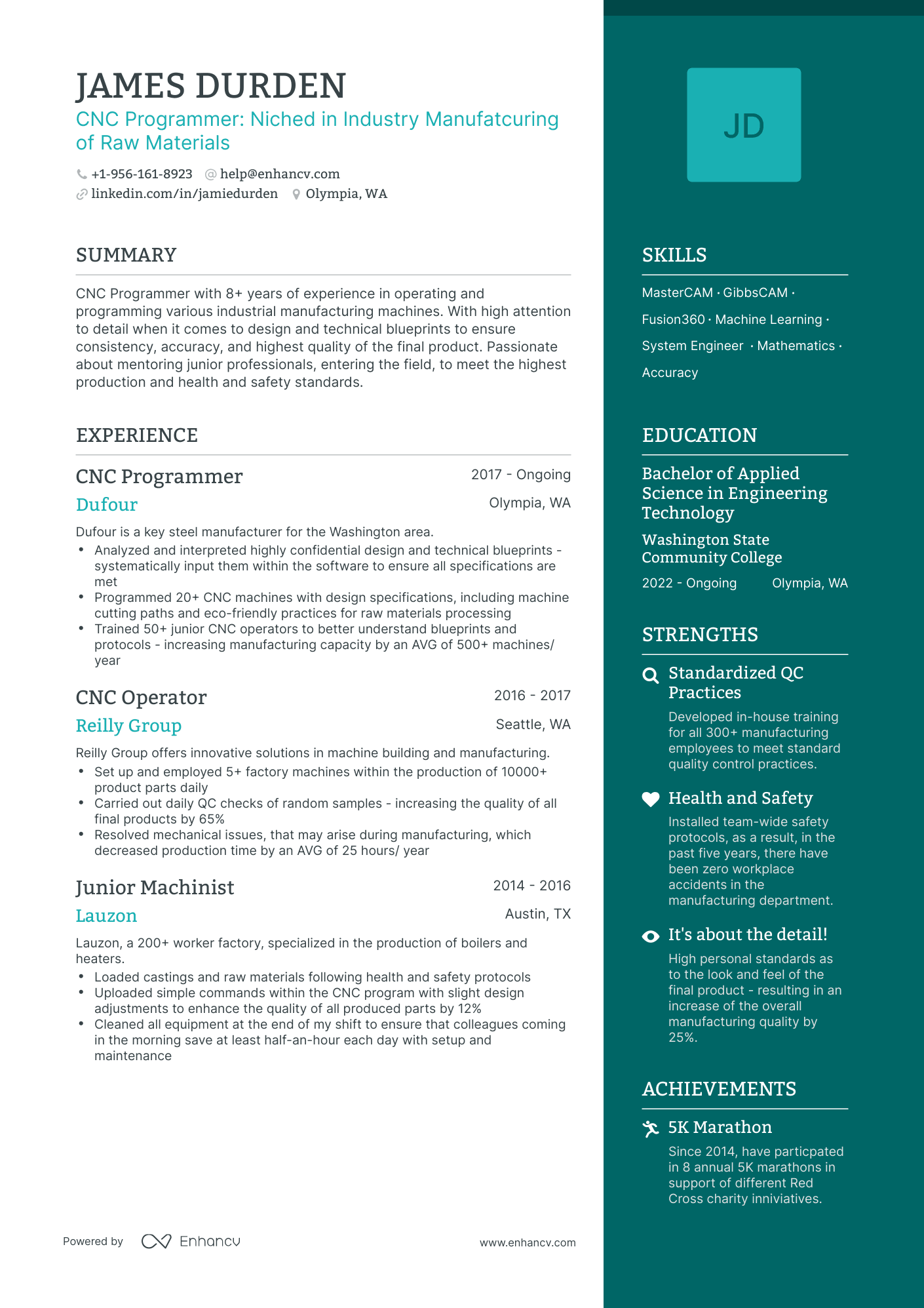 One Page Cnc Programmer Resume Template