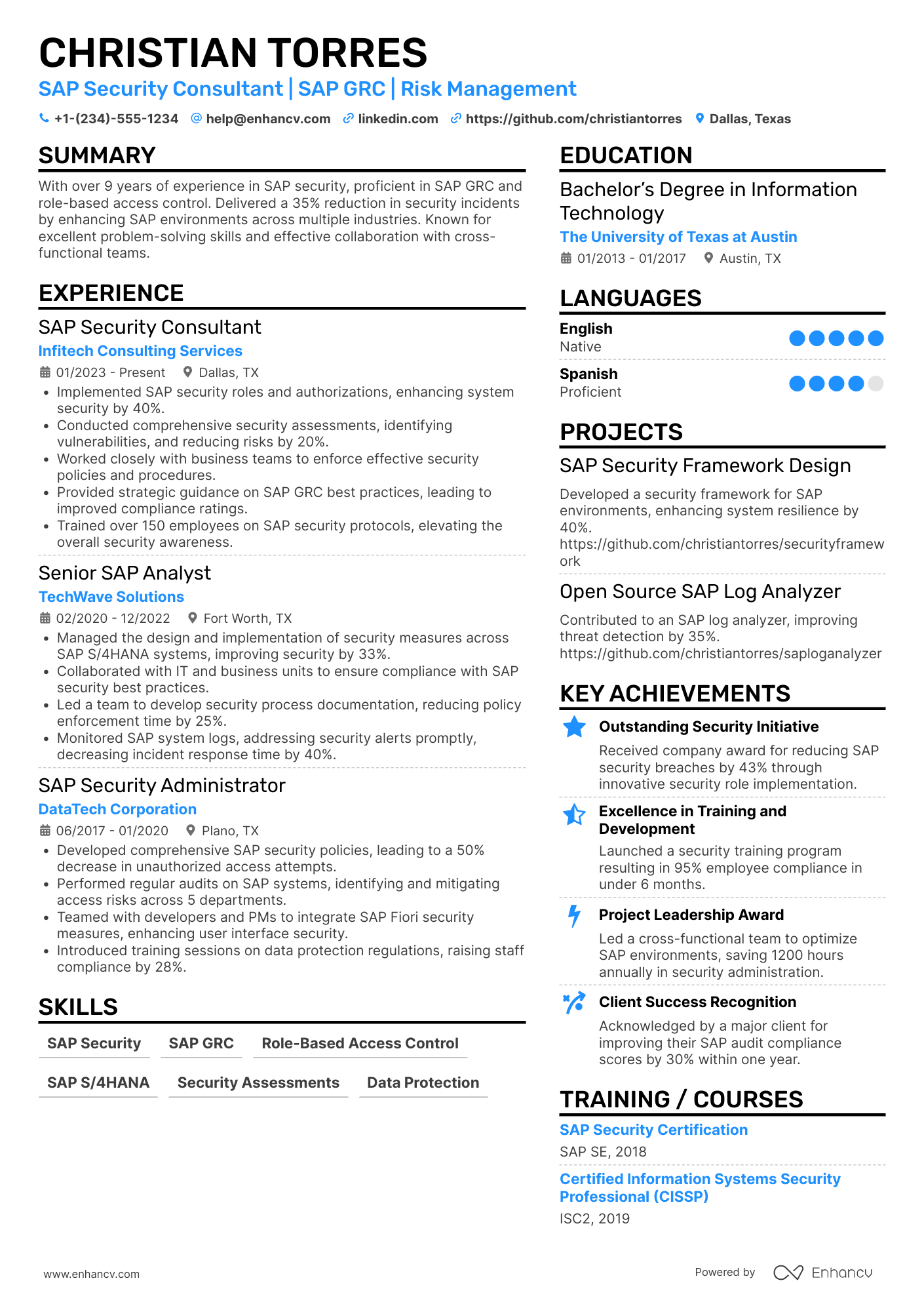 A resume example of a SAP Security Consultant