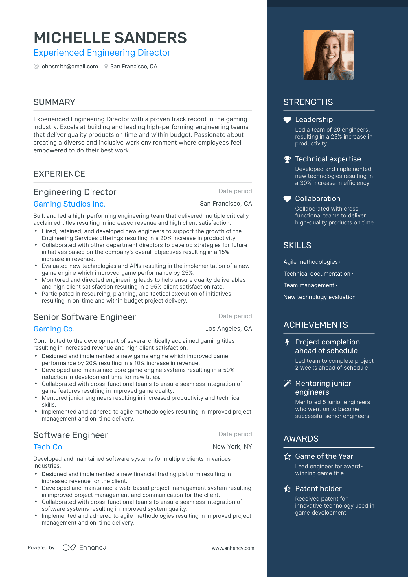 One Page Director Of Engineering Resume Template