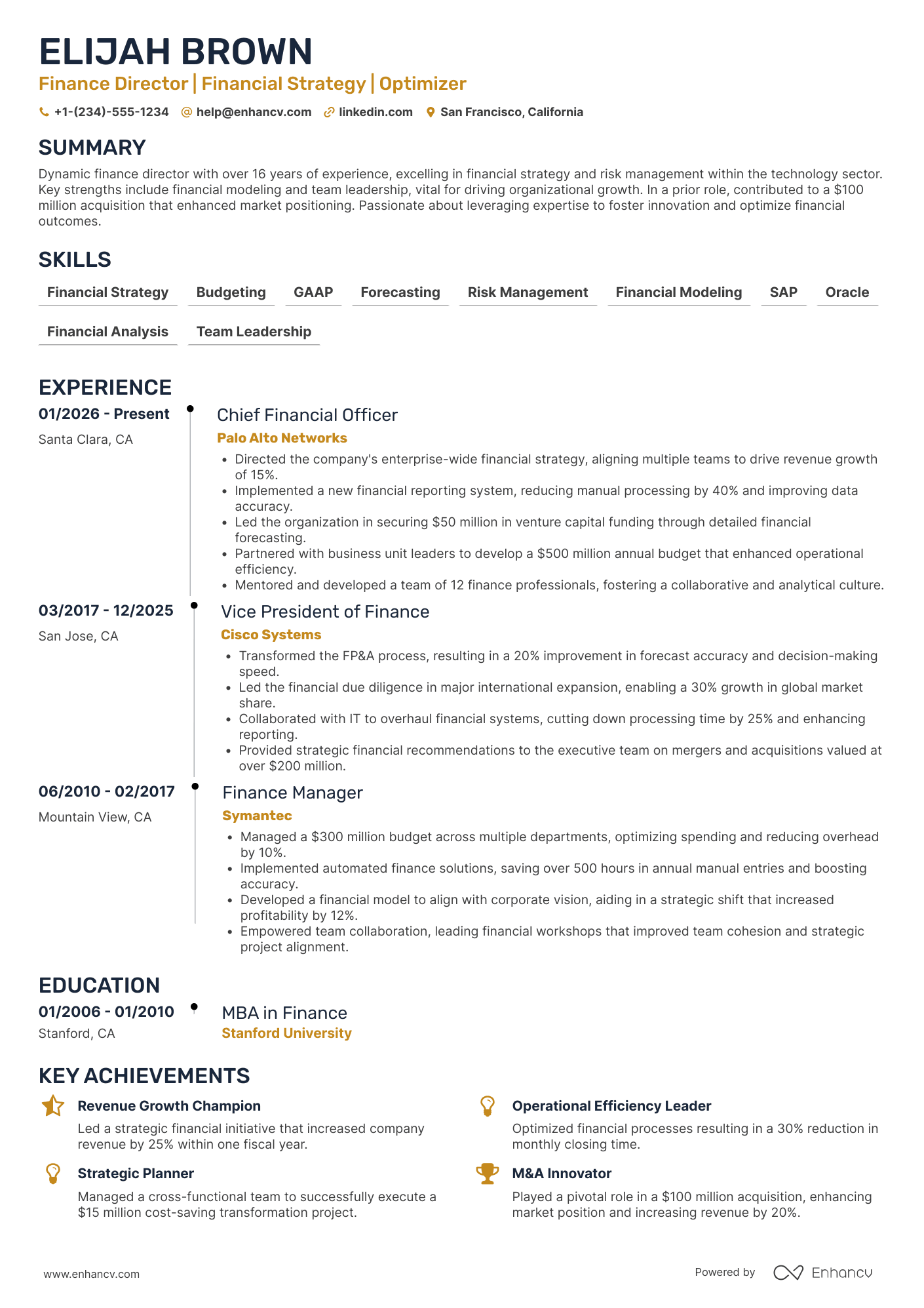 A resume example of a Finance Director