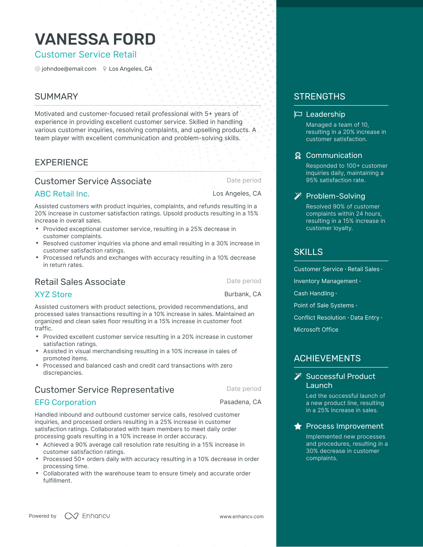 One Page Customer Service Retail Resume Template