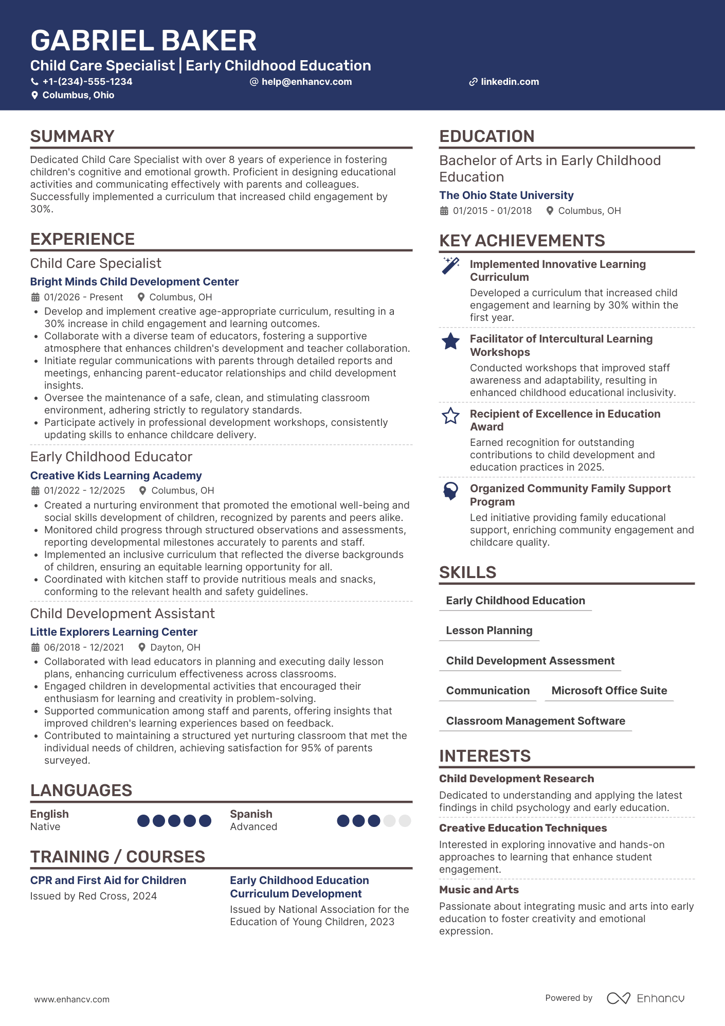 A resume example of a Child Care Specialist