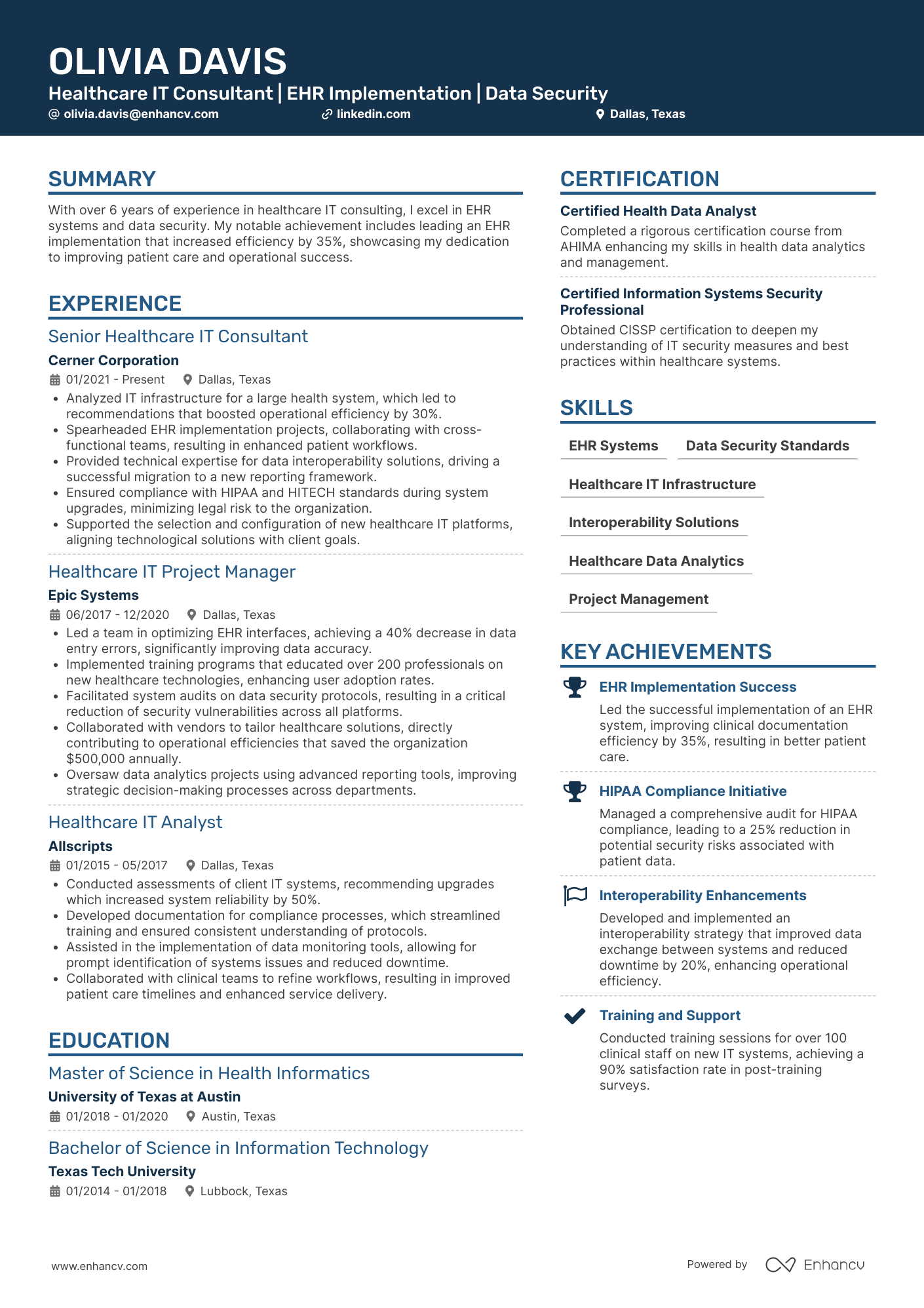 A resume example of a Healthcare IT Consultant