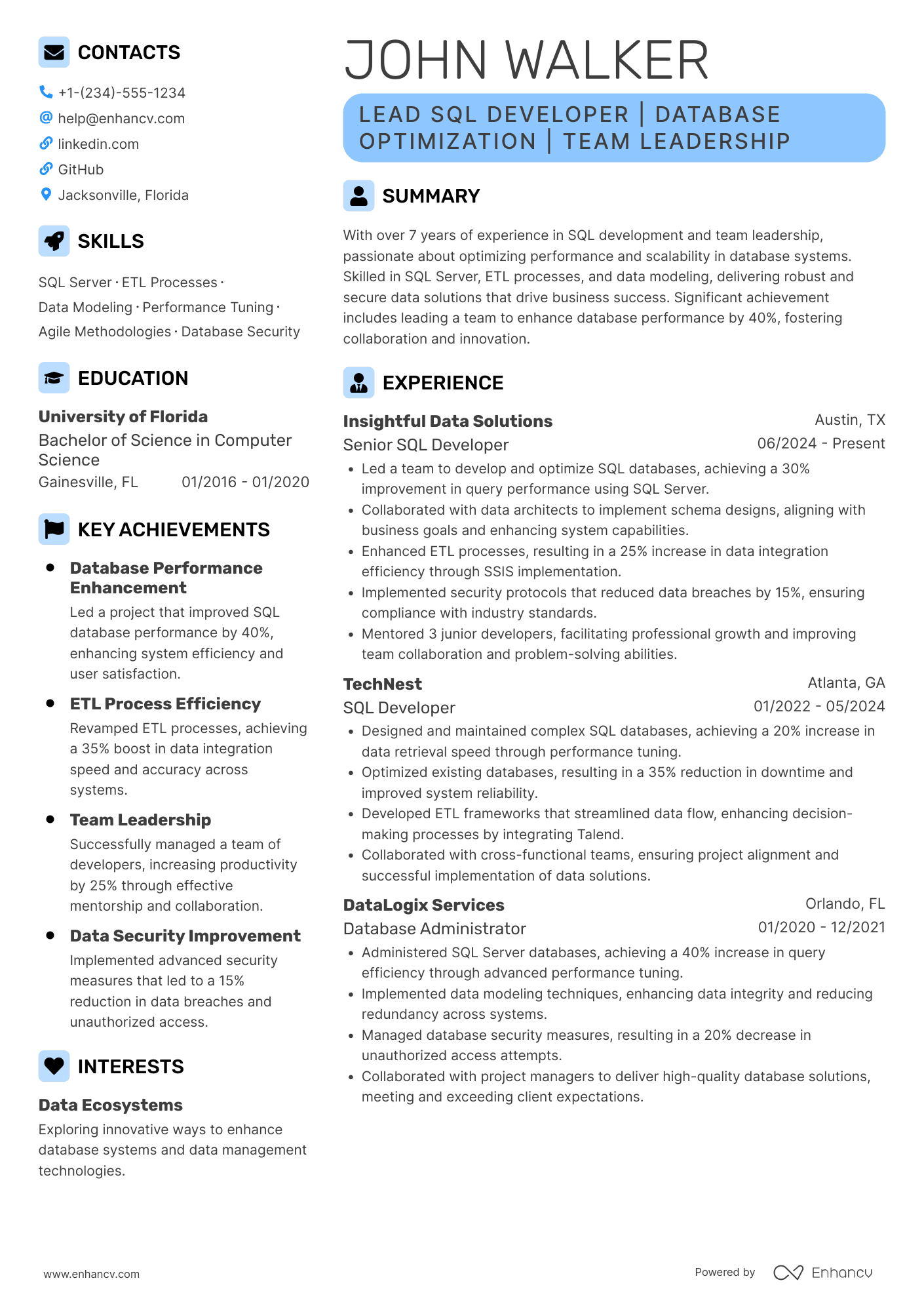 A resume example of a Lead SQL Developer