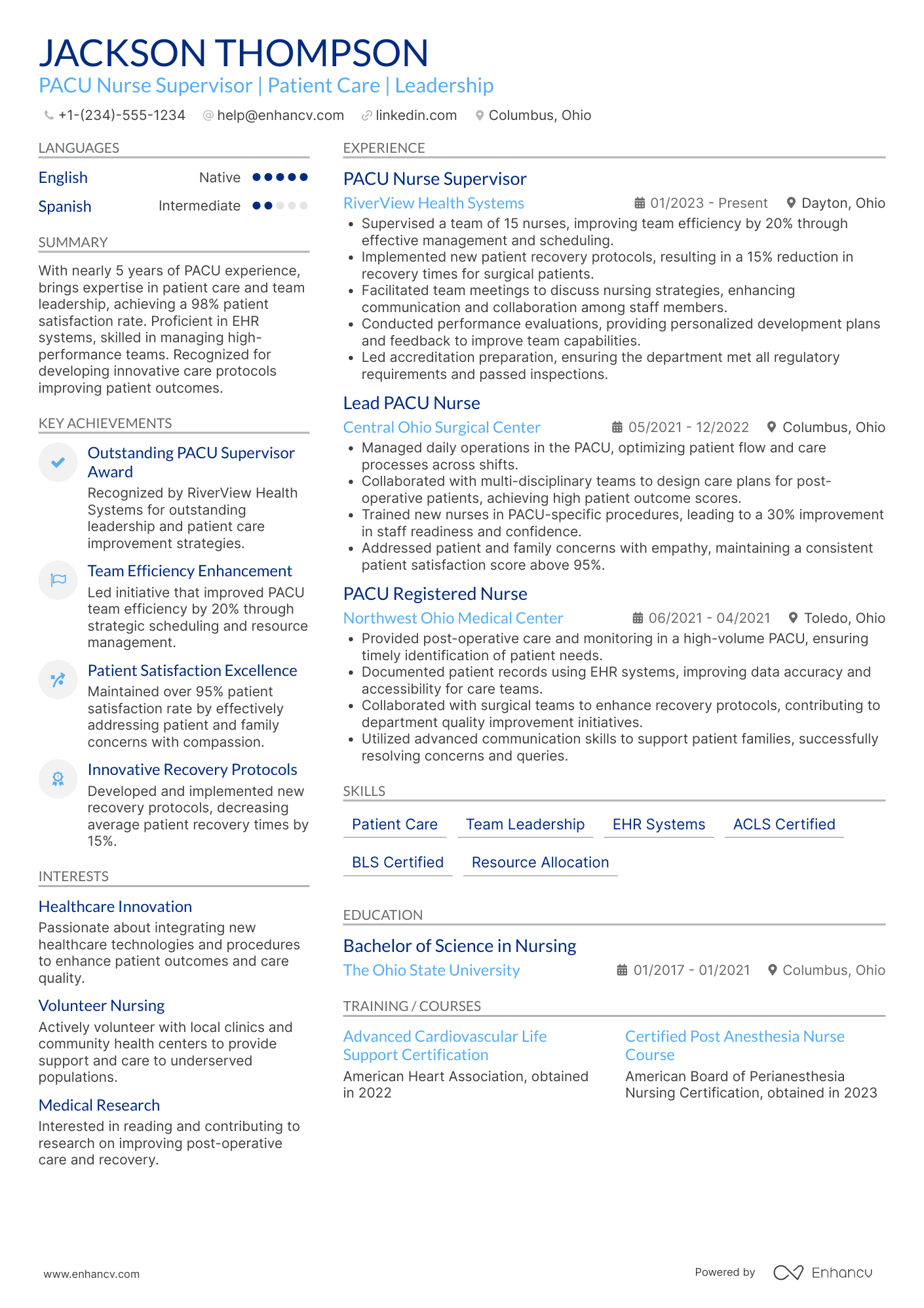 A resume example of a PACU Nurse Supervisor