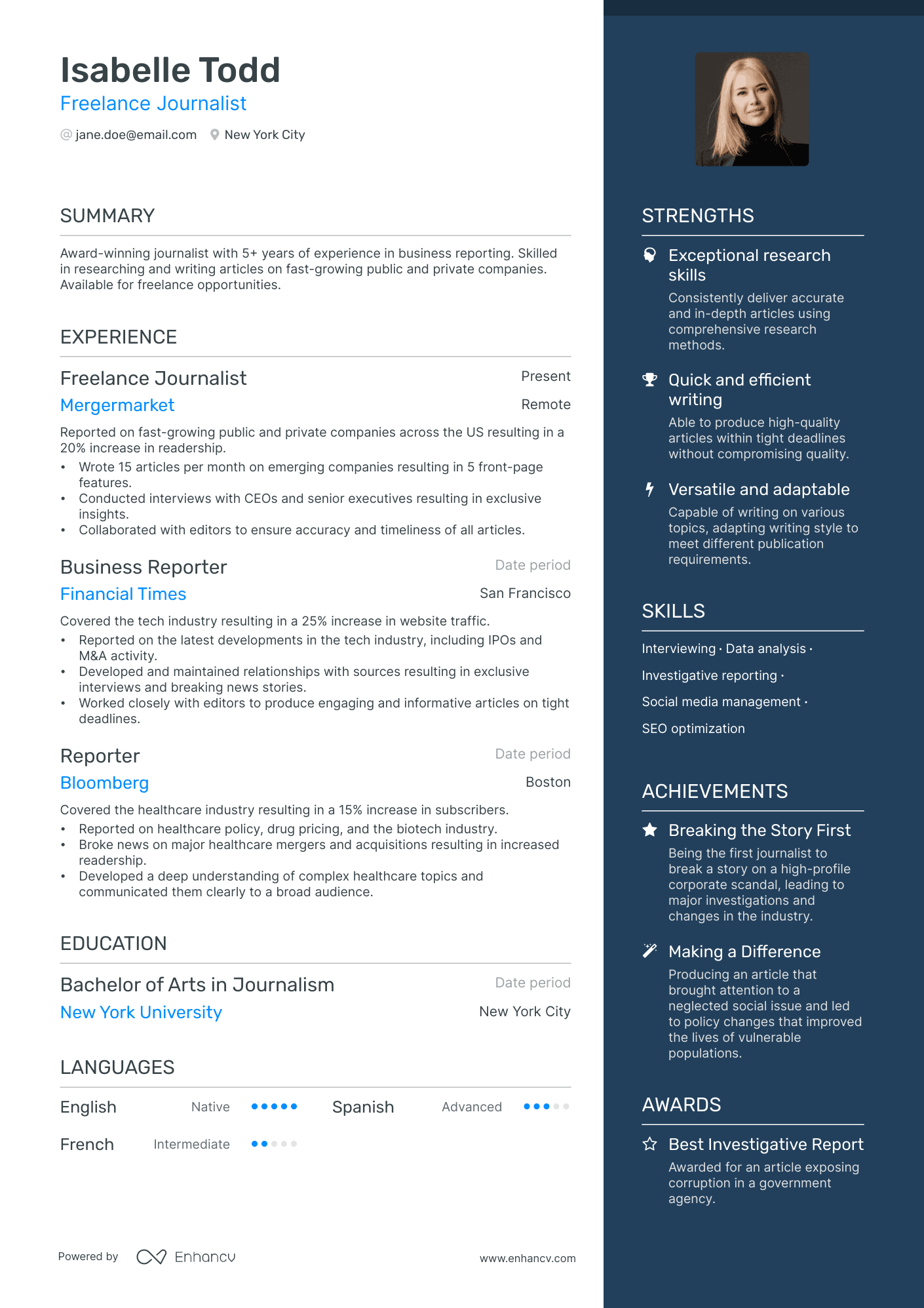 A resume example of a Freelance Journalist