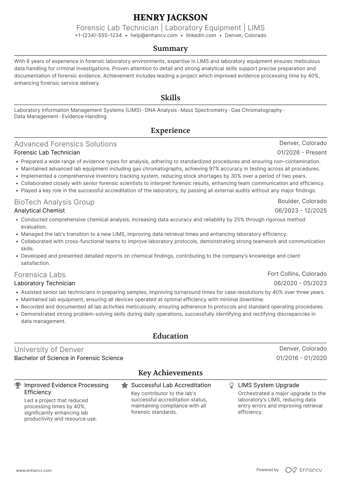 A resume example of a Forensic Lab Technician