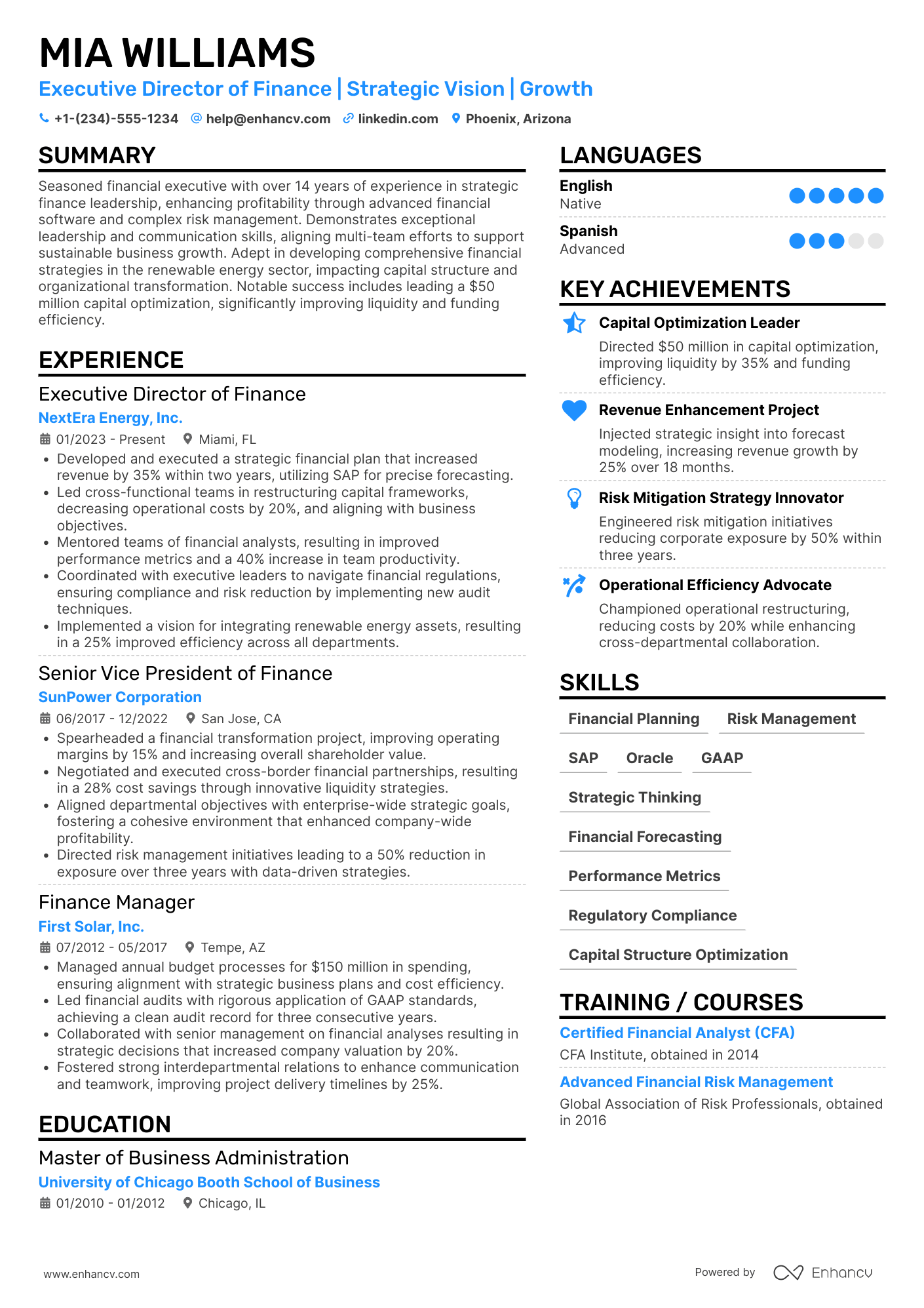 A resume example of a Executive Director of Finance