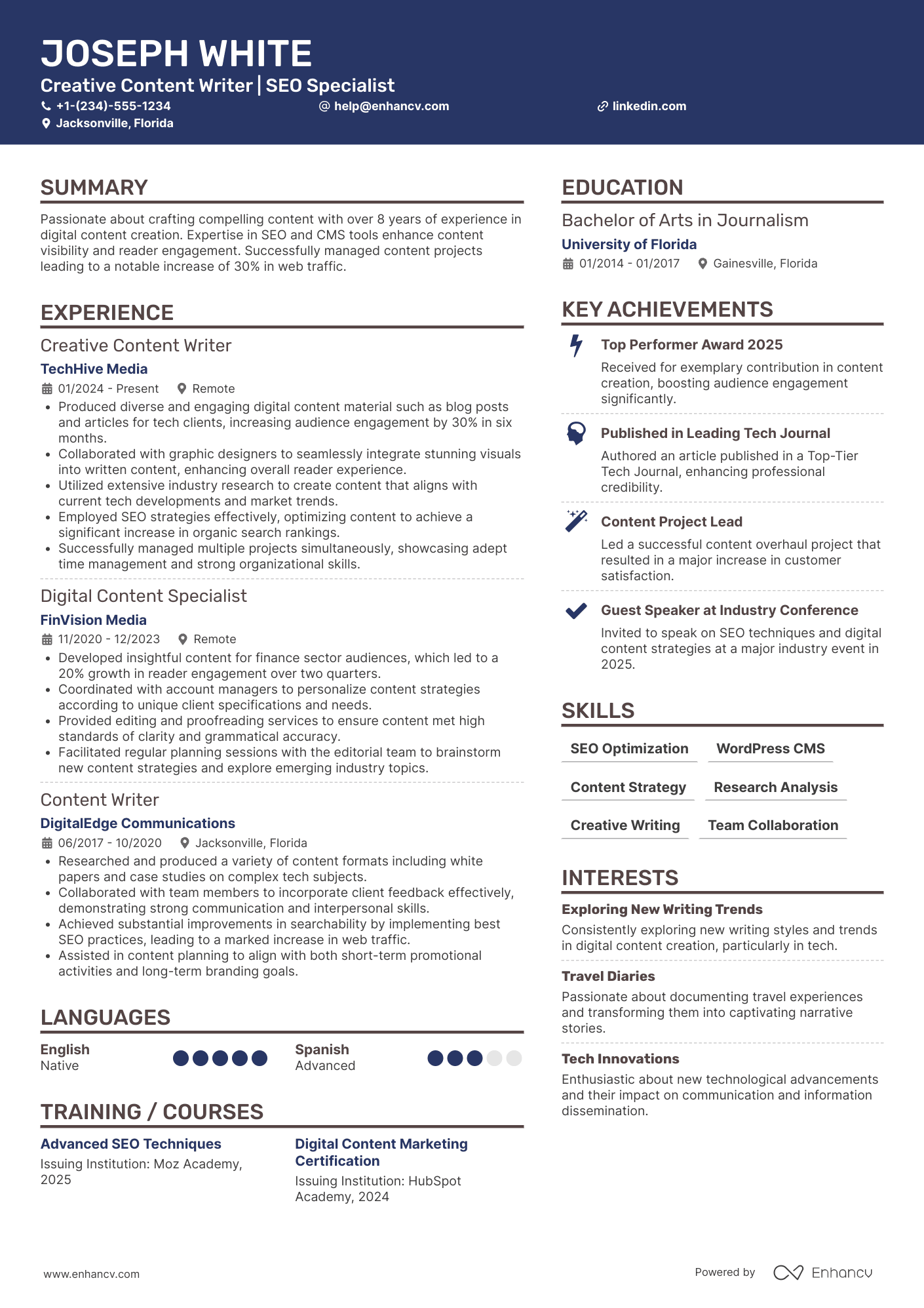 A resume example of a Freelance Content Writer
