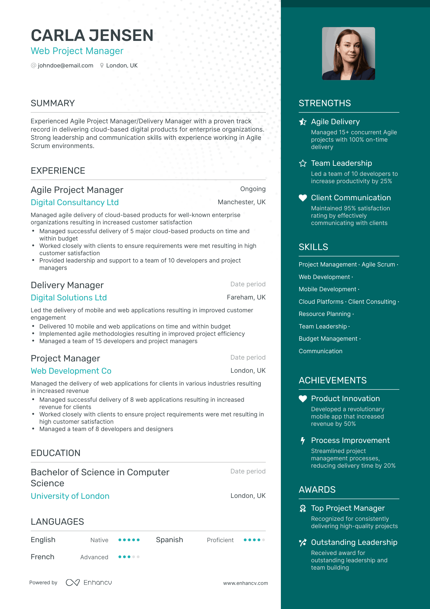 One Page Web Project Manager Resume Template