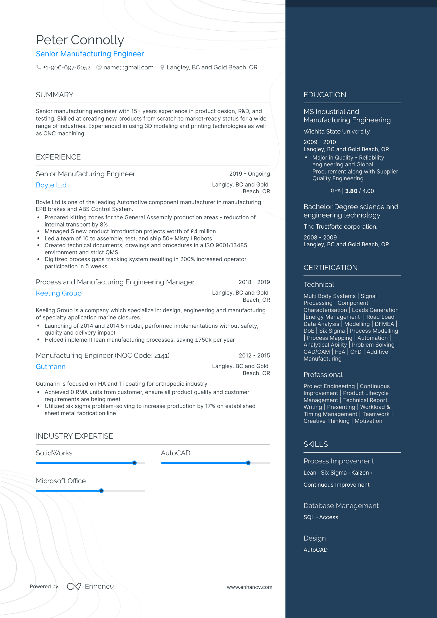 One Page Manufacturing Engineer Resume Template