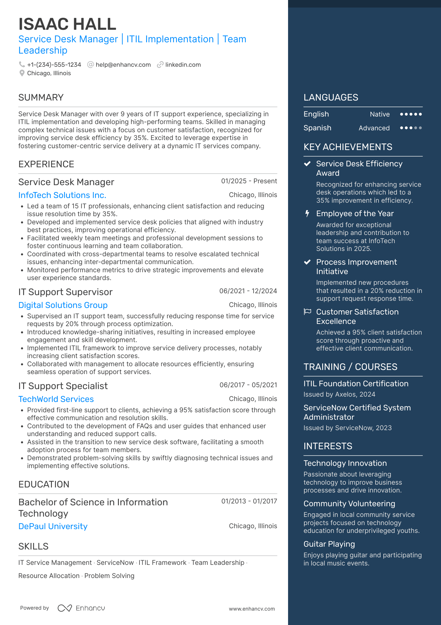 A resume example of a Service Desk Manager
