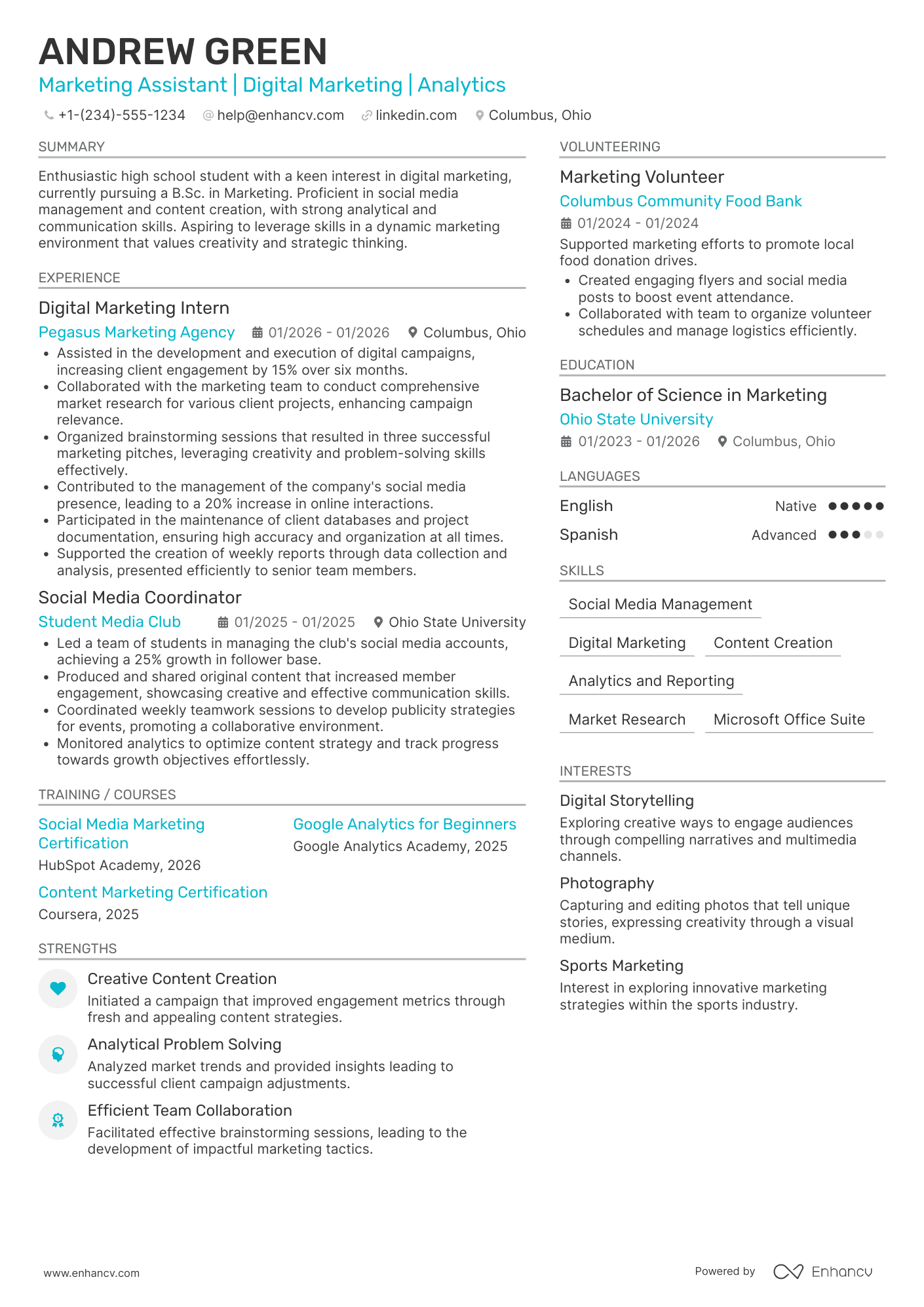 A resume example of a High School Student Marketing Assistant