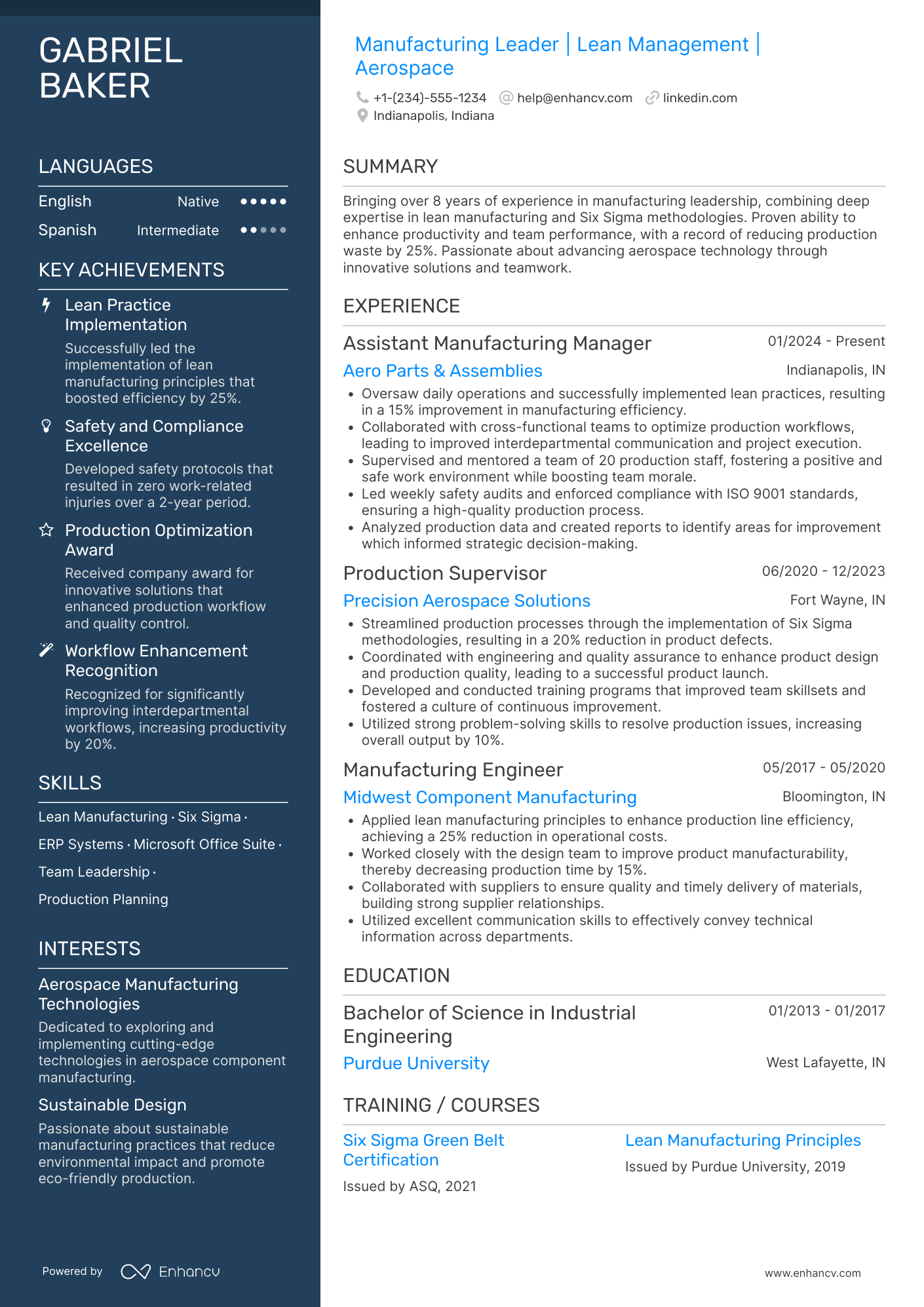 A resume example of a Assistant Manufacturing Manager