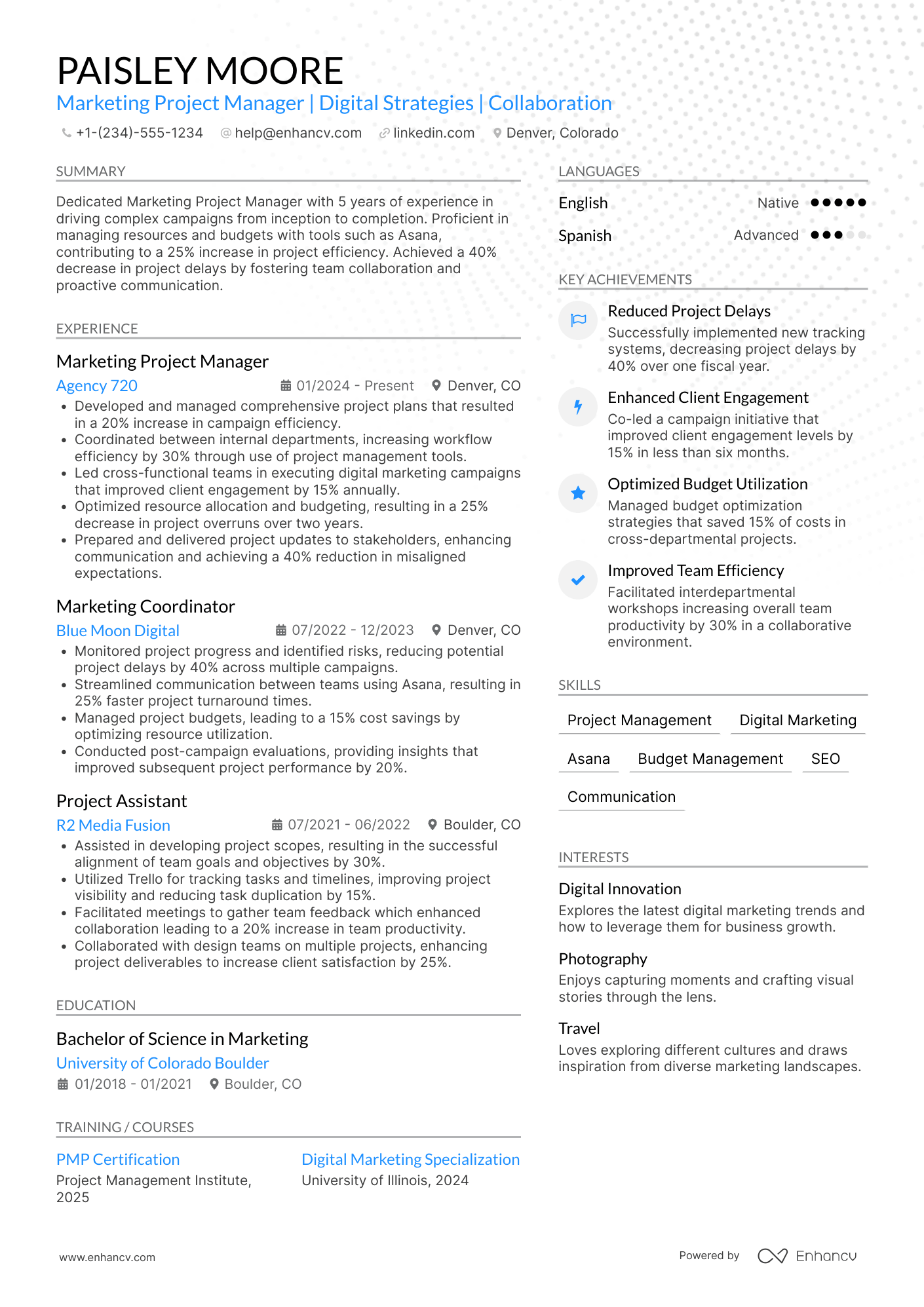 A resume example of a Marketing Project Manager
