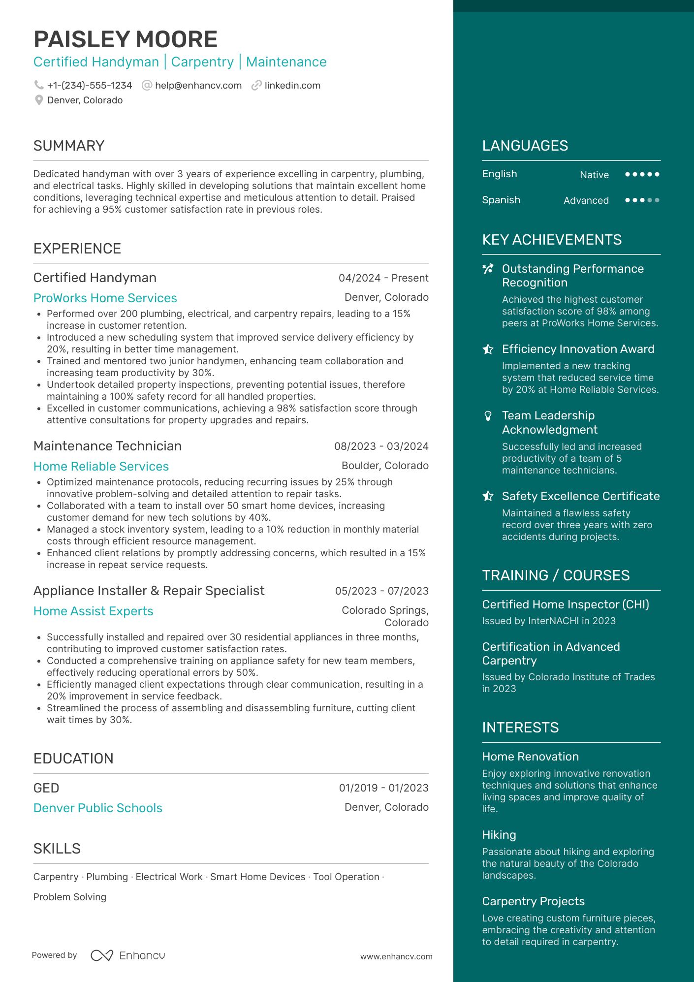 A resume example of a Certified Handyman