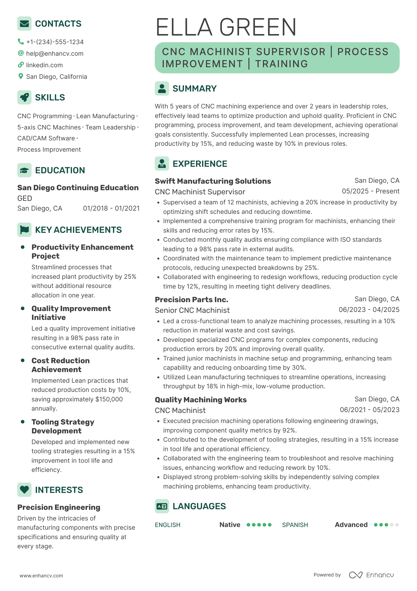 A resume example of a CNC Machinist Supervisor
