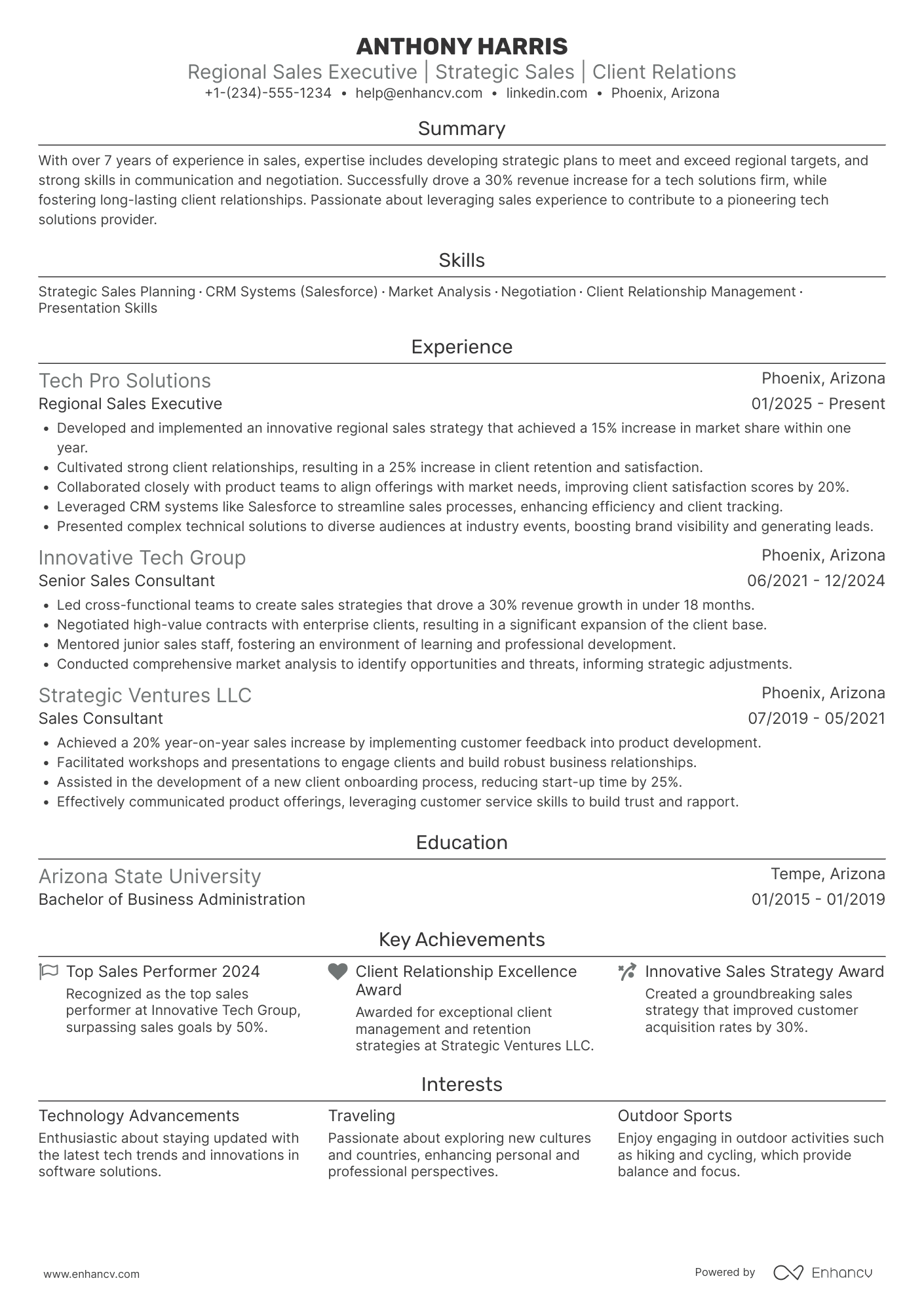 A resume example of a Regional Sales Executive
