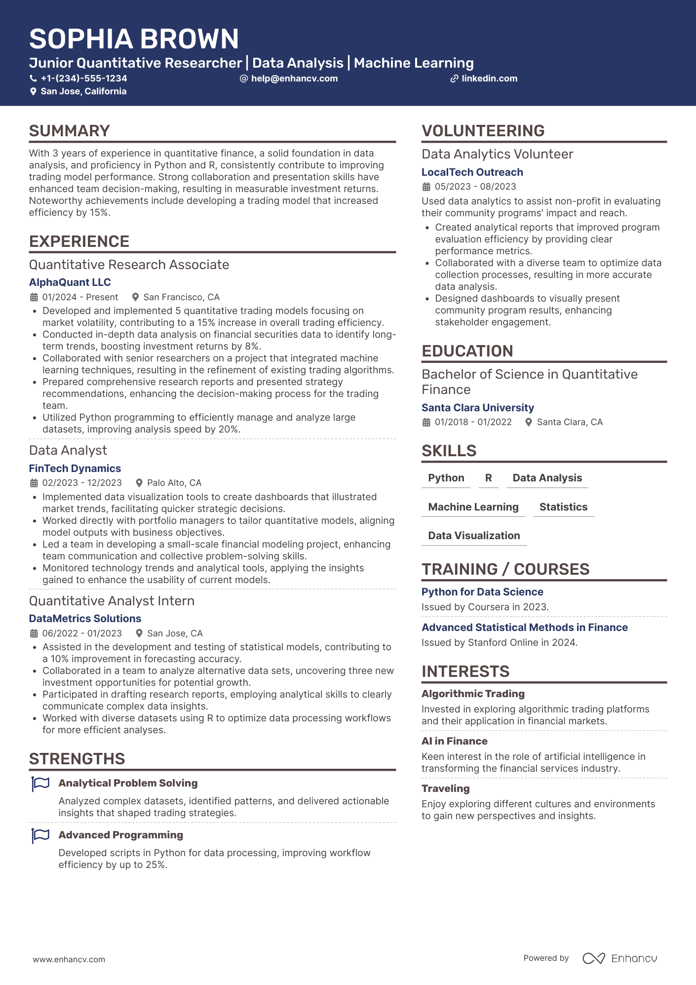 A resume example of a Quantitative Research Associate