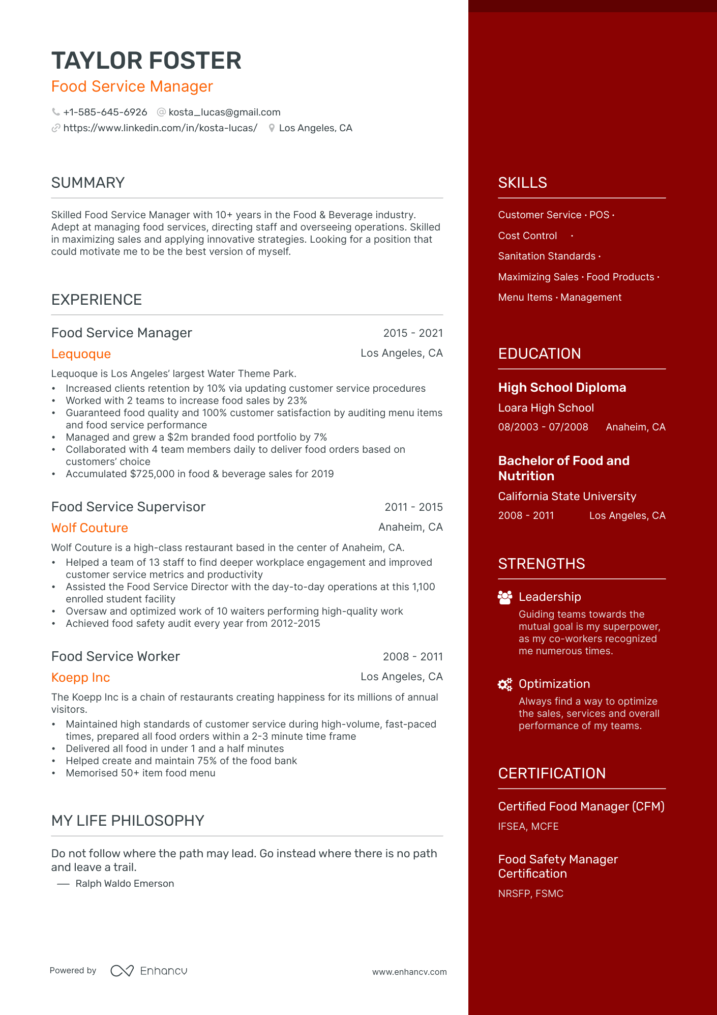 sample resume of restaurant manager