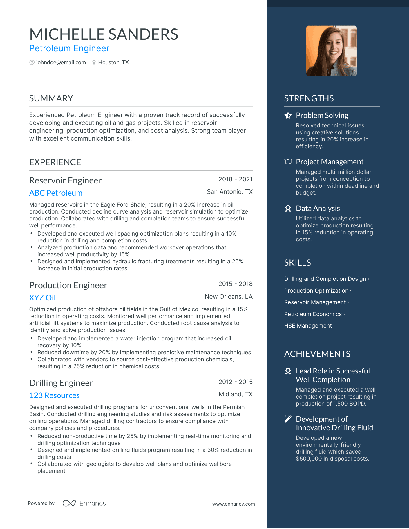 One Page Petroleum Engineer Resume Template