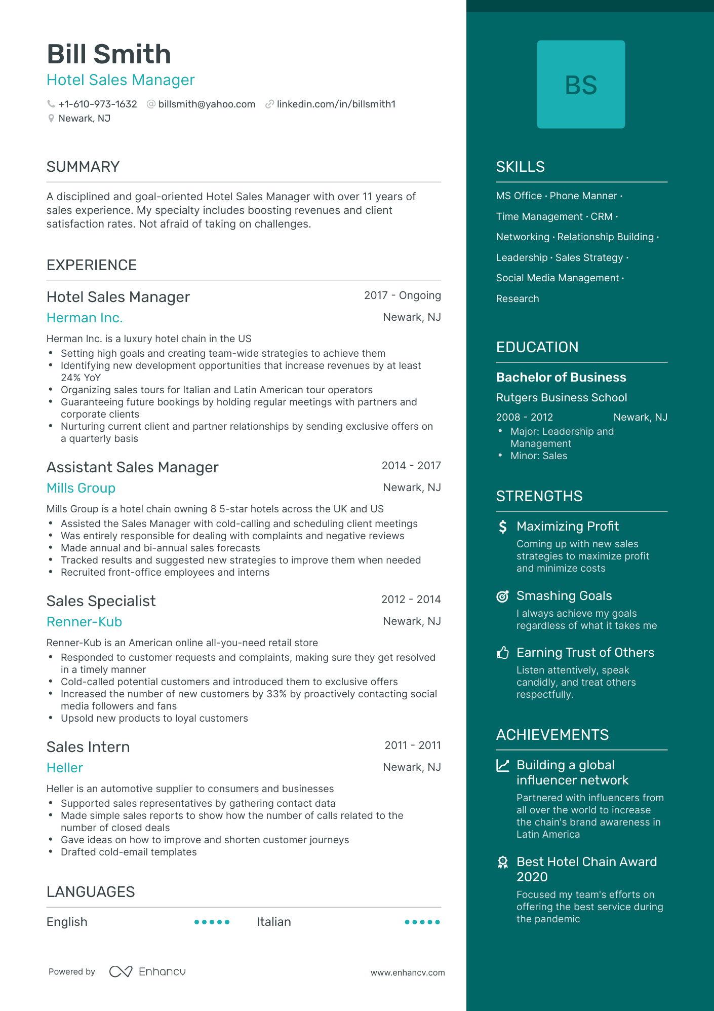 One Page Hotel Sales Manager Resume Template