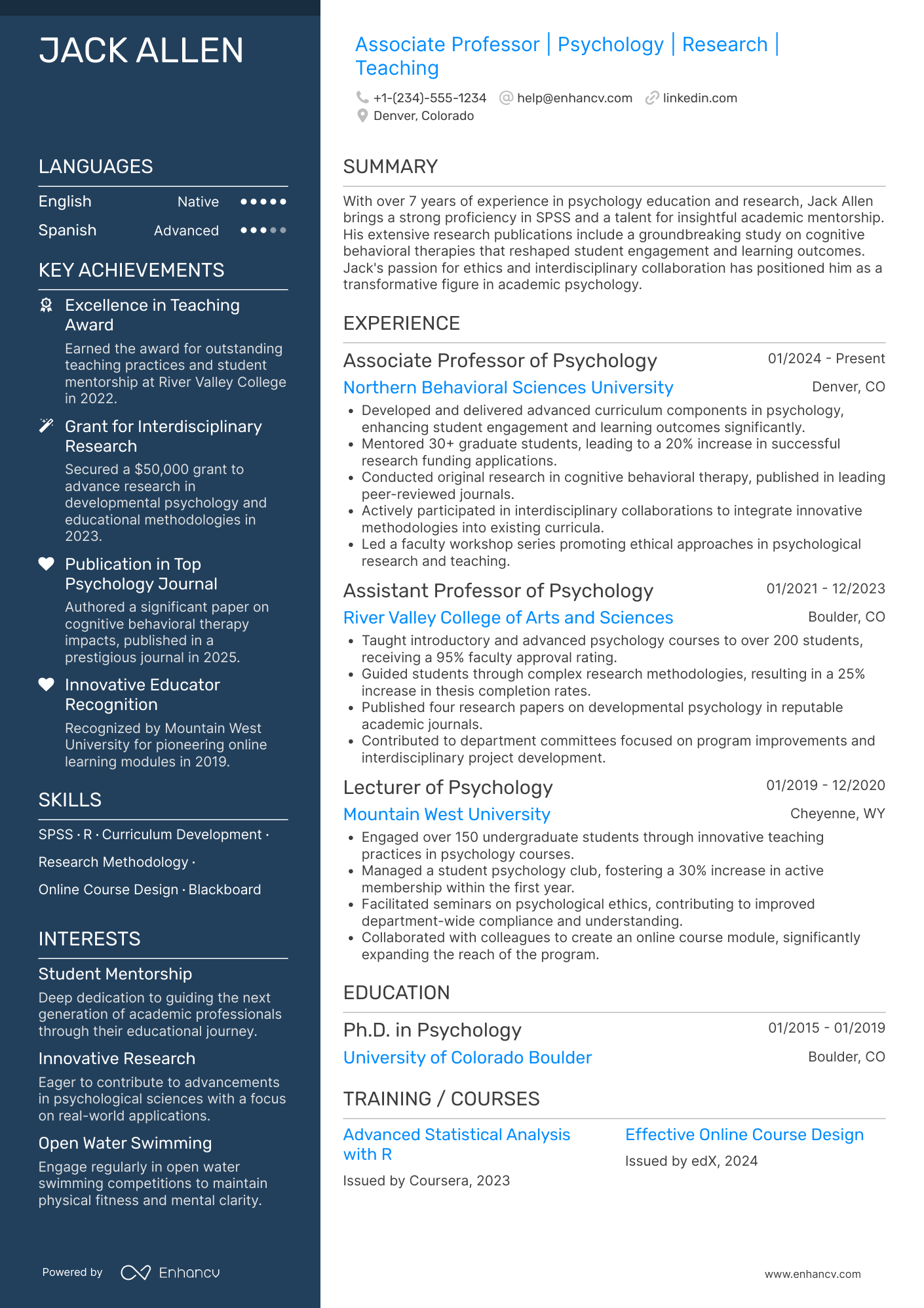 A resume example of a Professor of Psychology