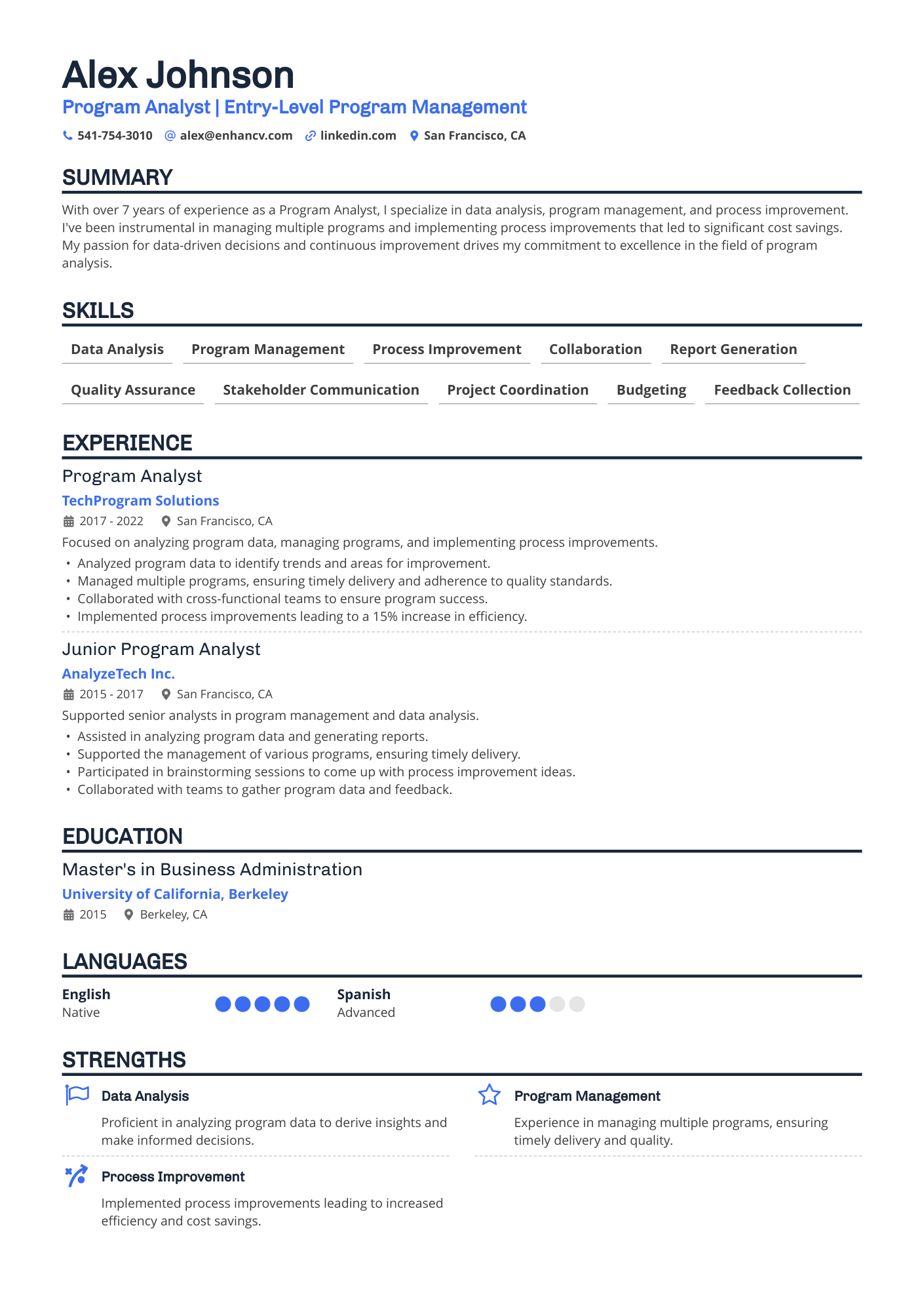 A resume example of a Program Analyst