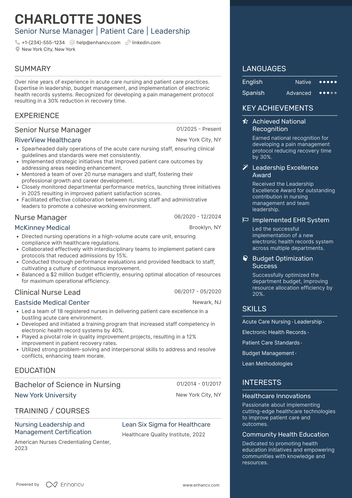 A resume example of a Senior Nurse Manager