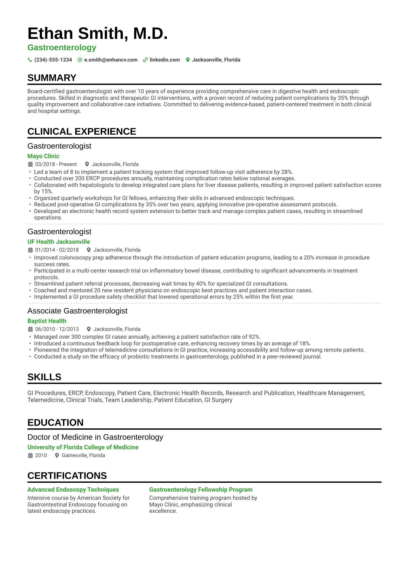 A resume example of a Gastroenterologist