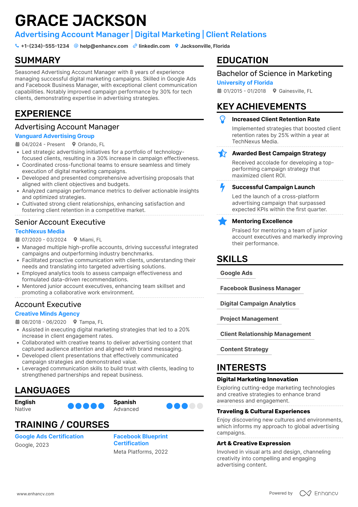 A resume example of a Advertising Account Manager