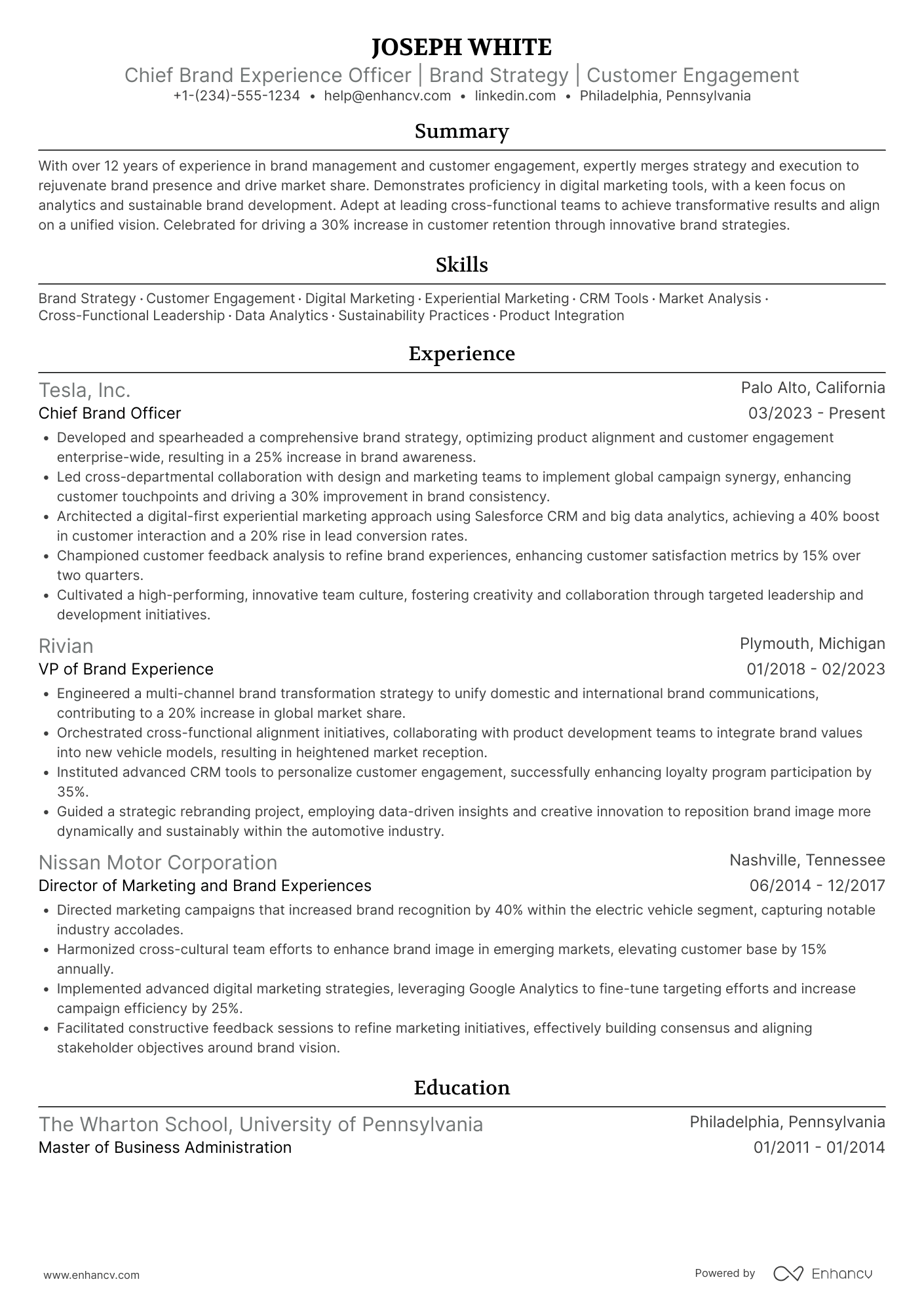 A resume example of a Chief Brand Experience Officer