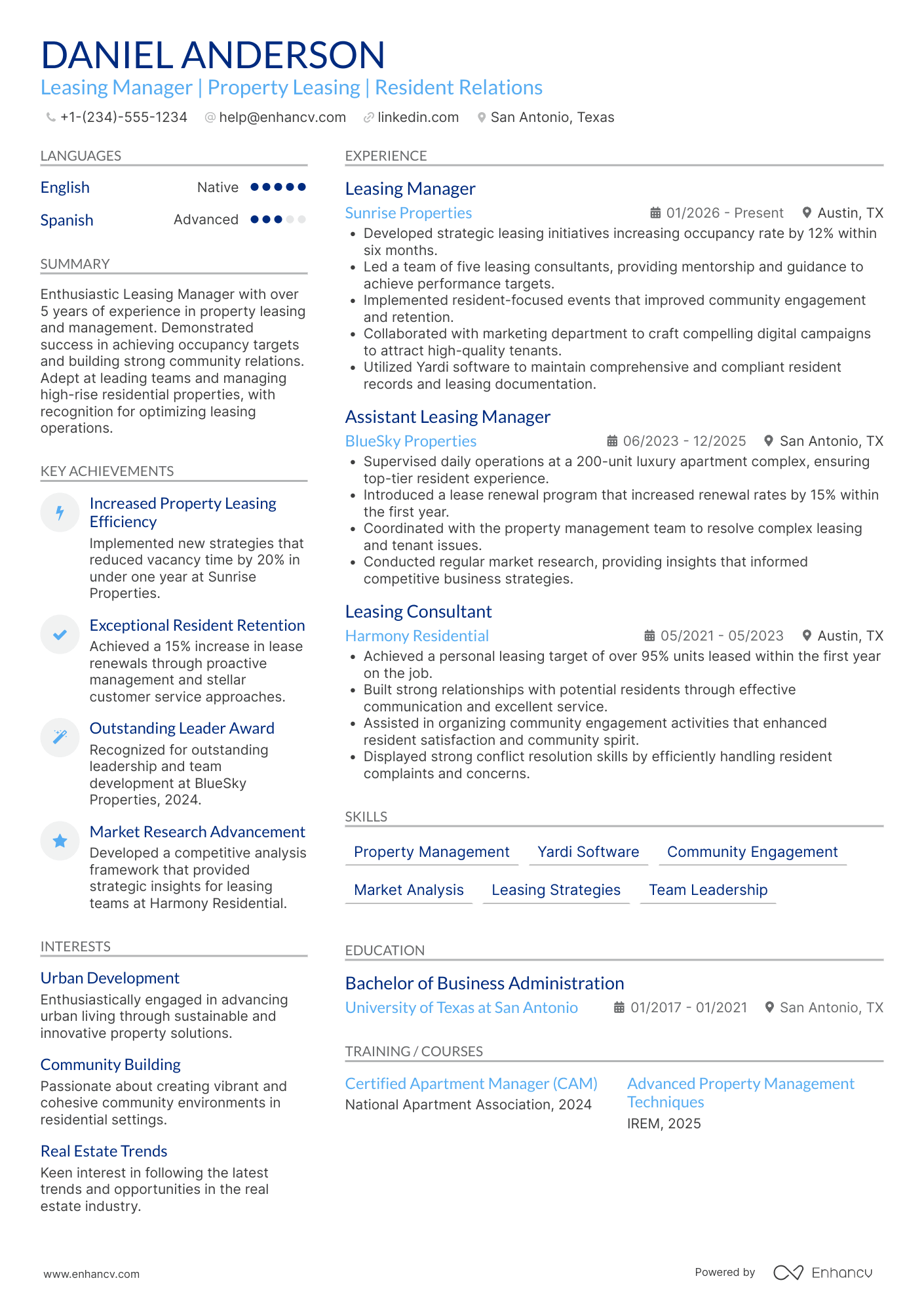 A resume example of a Leasing Manager