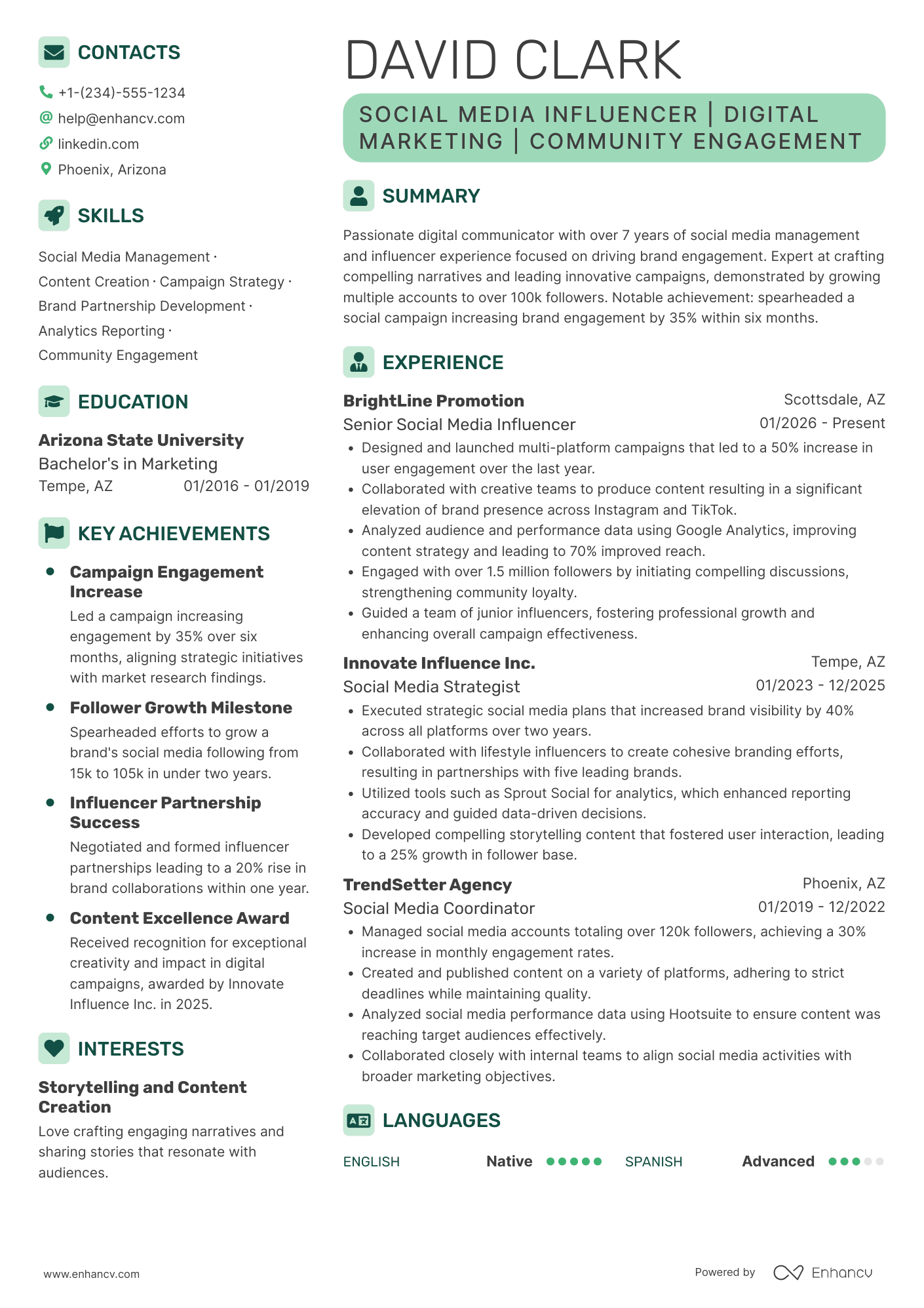 A resume example of a Senior Social Media Influencer
