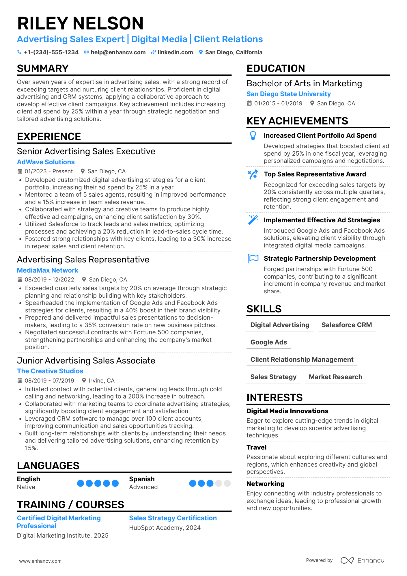 A resume example of a Advertising Sales Representative