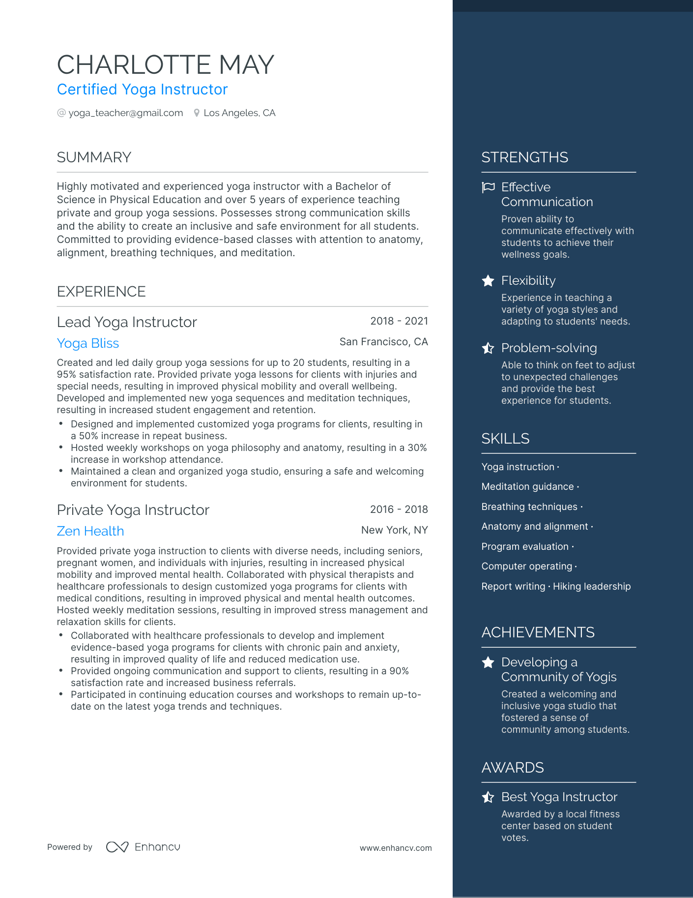 One Page Yoga Teacher Resume Template