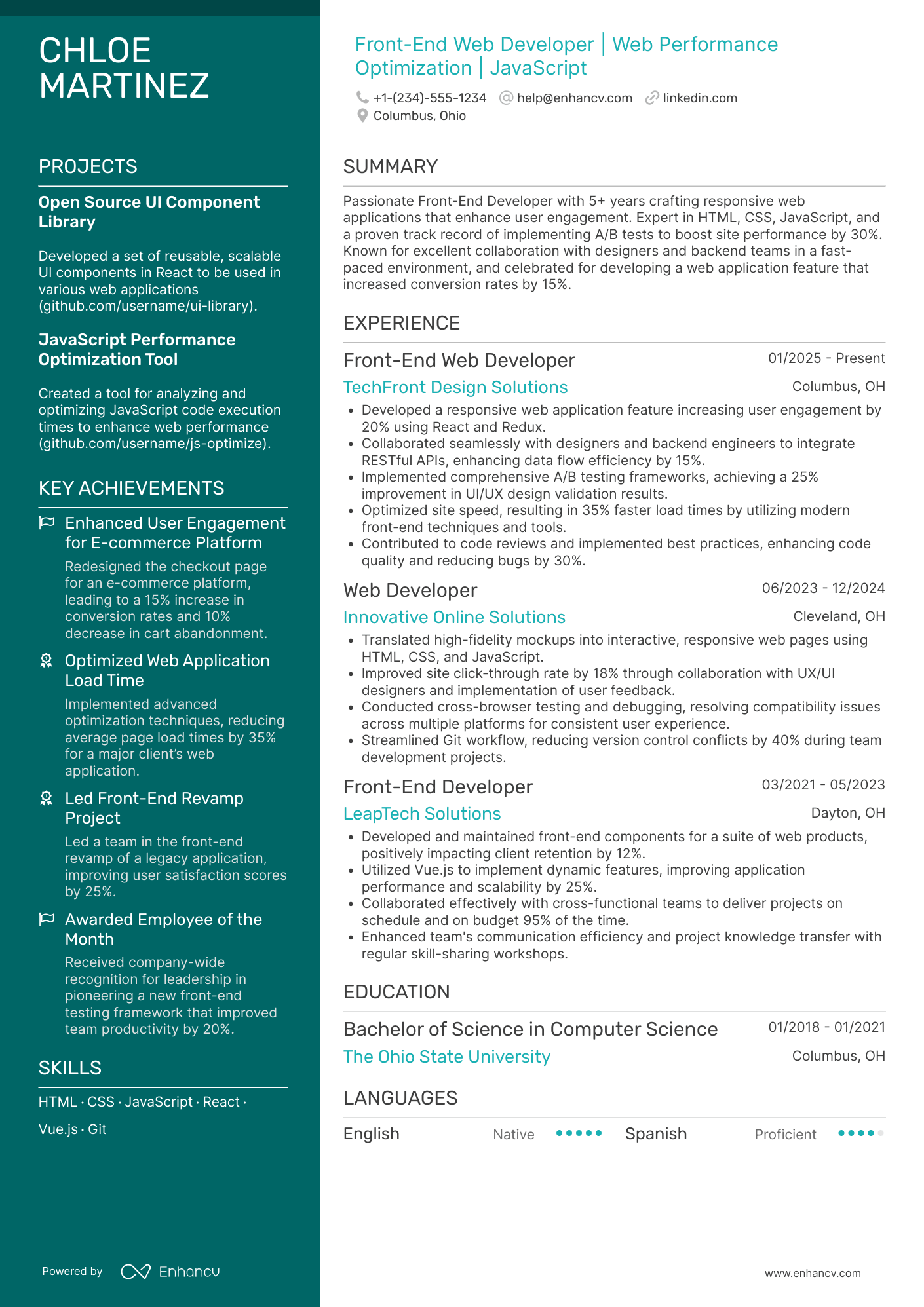A resume example of a Front End Web Developer