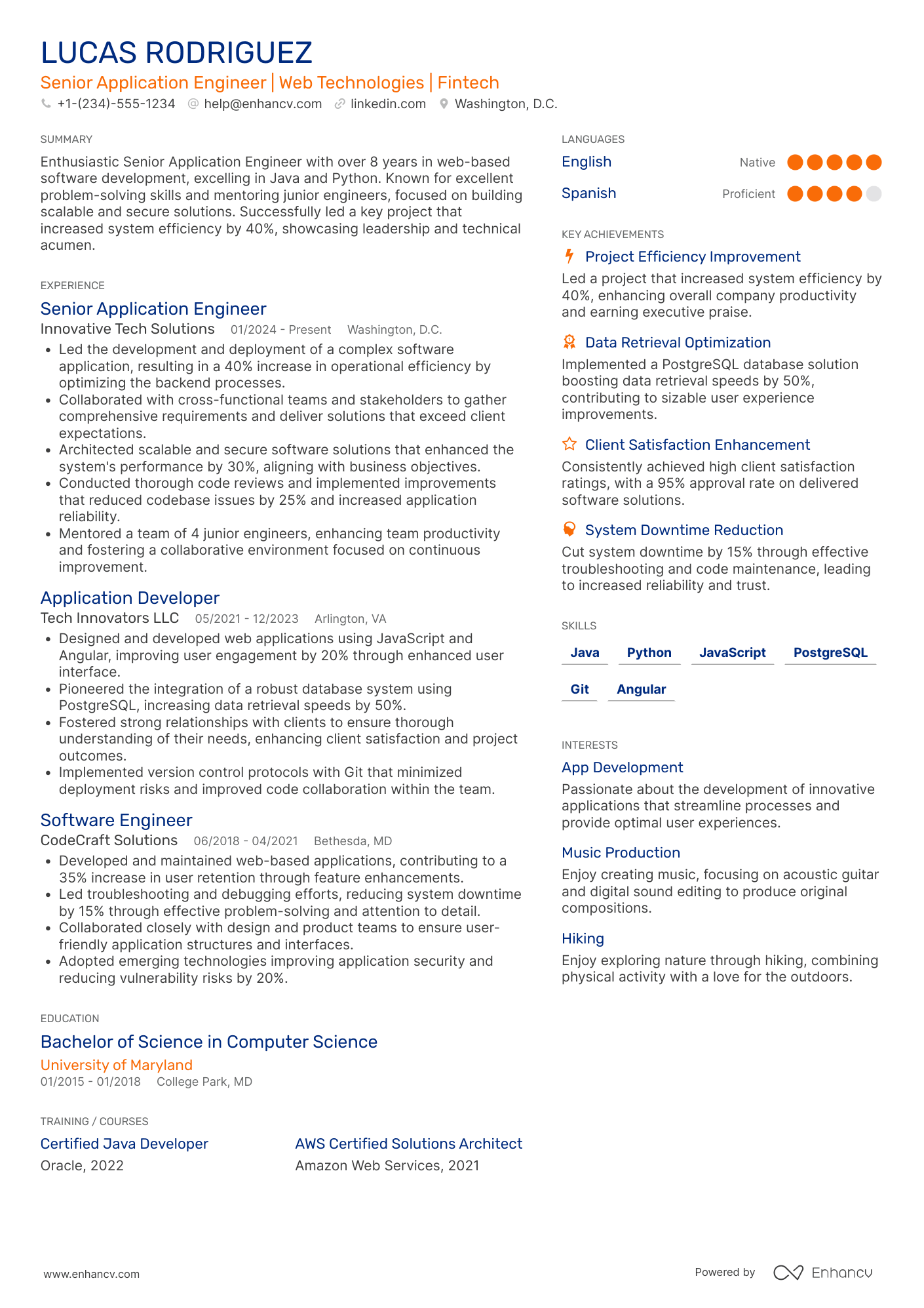 A resume example of a Senior Application Engineer